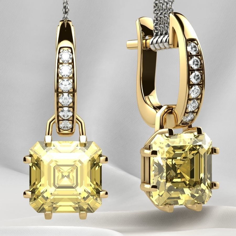 8x8 Emerald Cut Gem Gold Earrings 3D print model_4