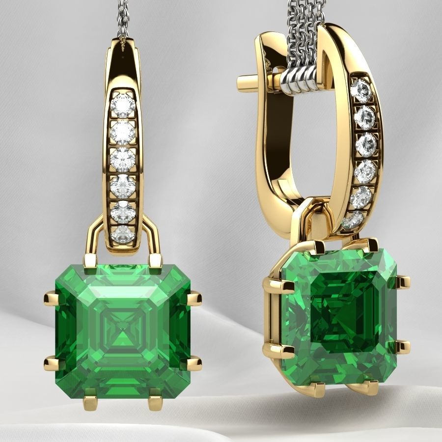 8x8 Emerald Cut Gem Gold Earrings 3D print model_3