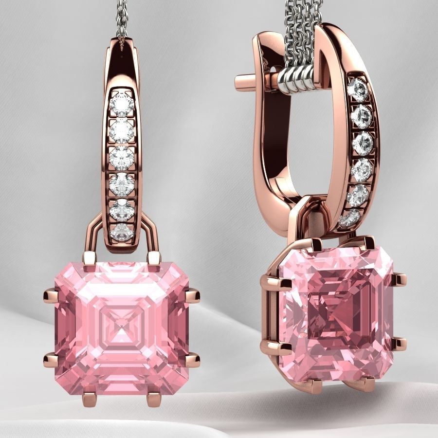 8x8 Emerald Cut Gem Gold Earrings 3D print model_6