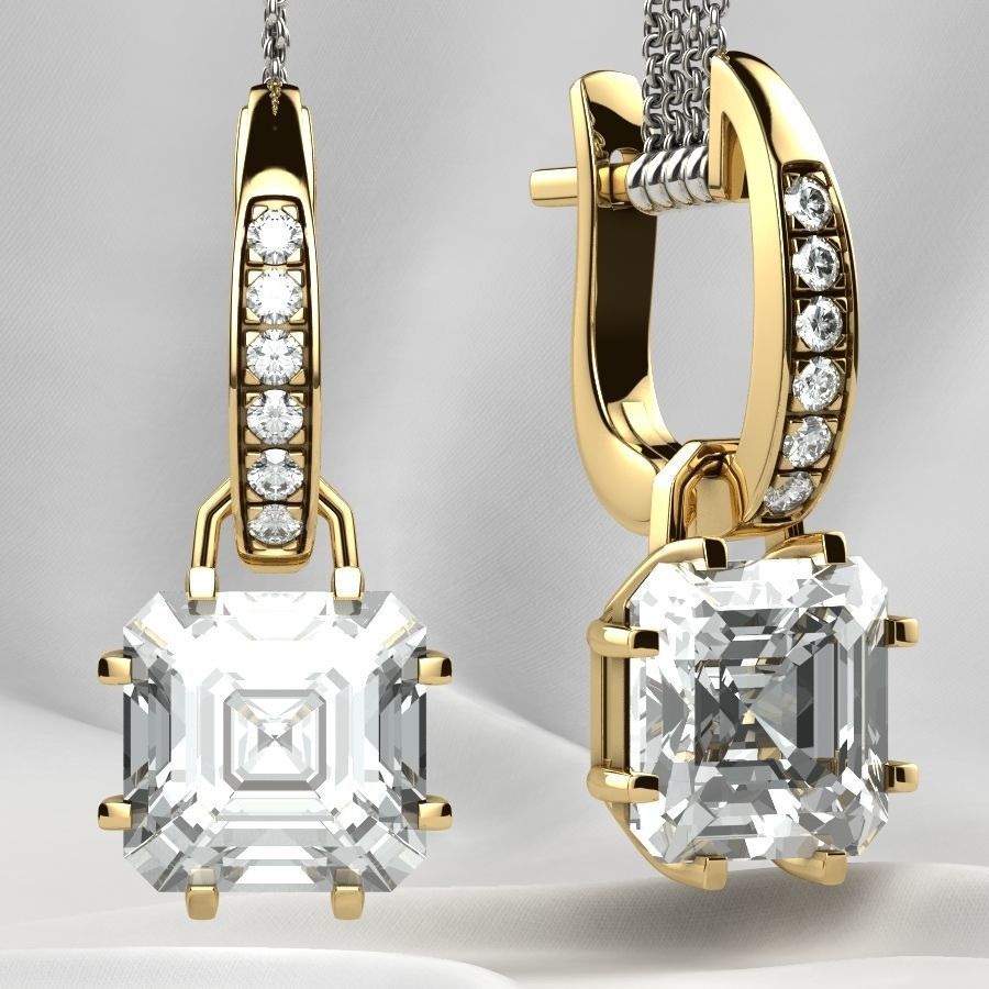 8x8 Emerald Cut Gem Gold Earrings 3D print model_2