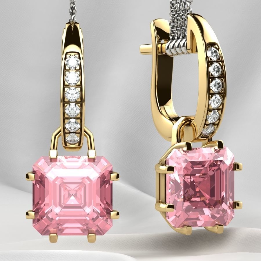 8x8 Emerald Cut Gem Gold Earrings 3D print model_1