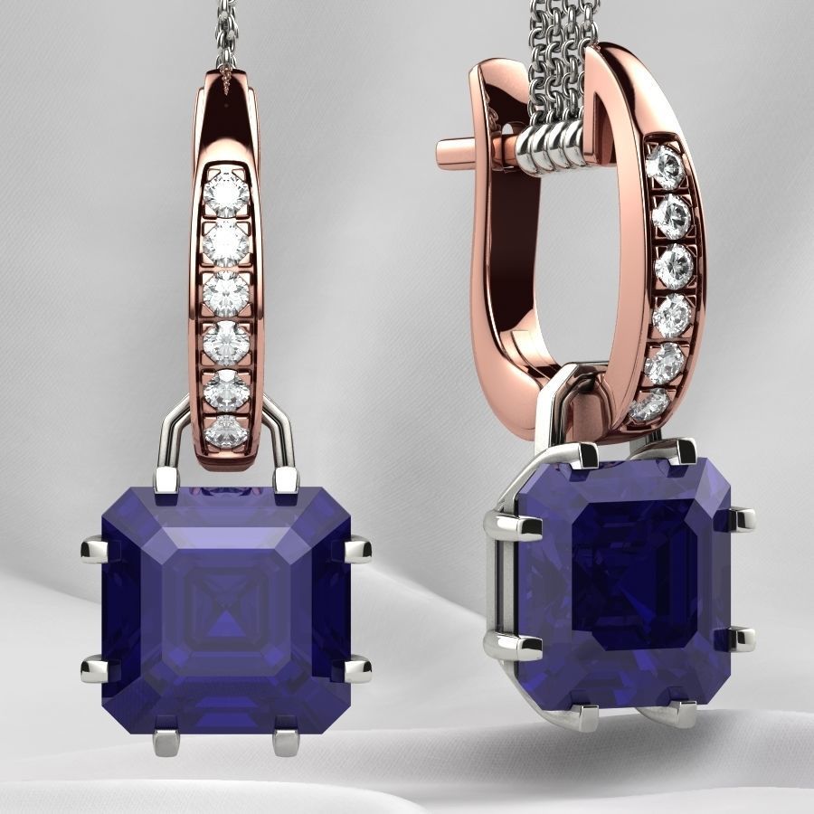 8x8 Emerald Cut Gem Gold Earrings 3D print model_8