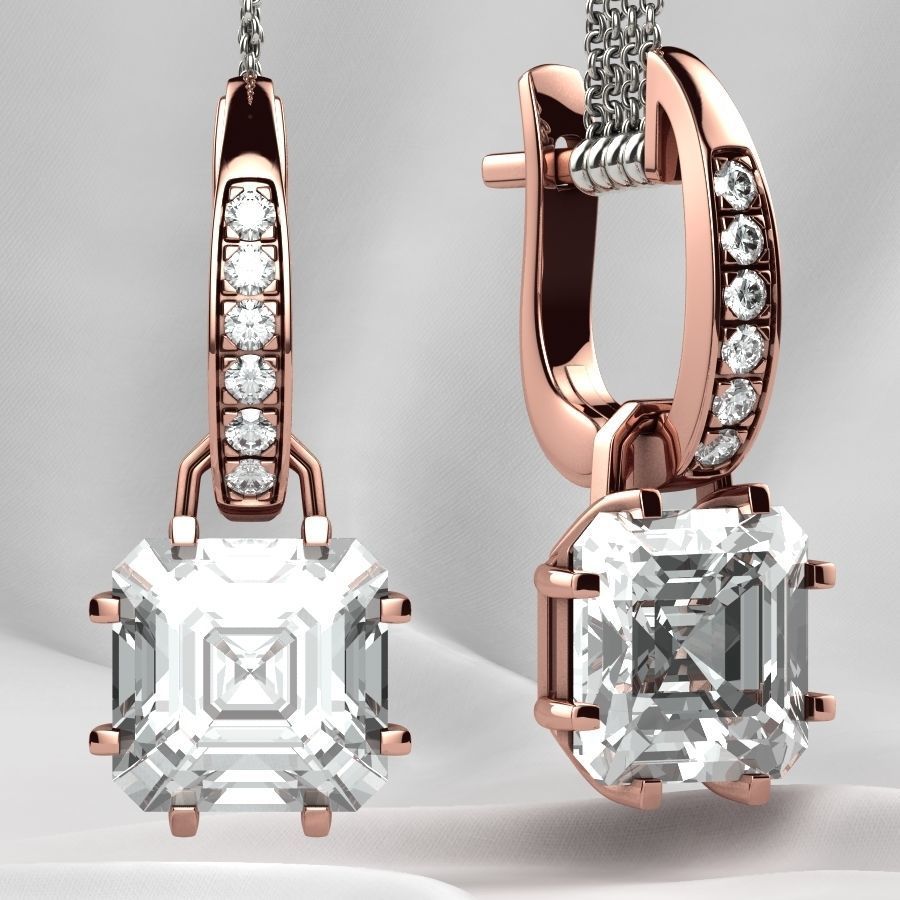 8x8 Emerald Cut Gem Gold Earrings 3D print model_7