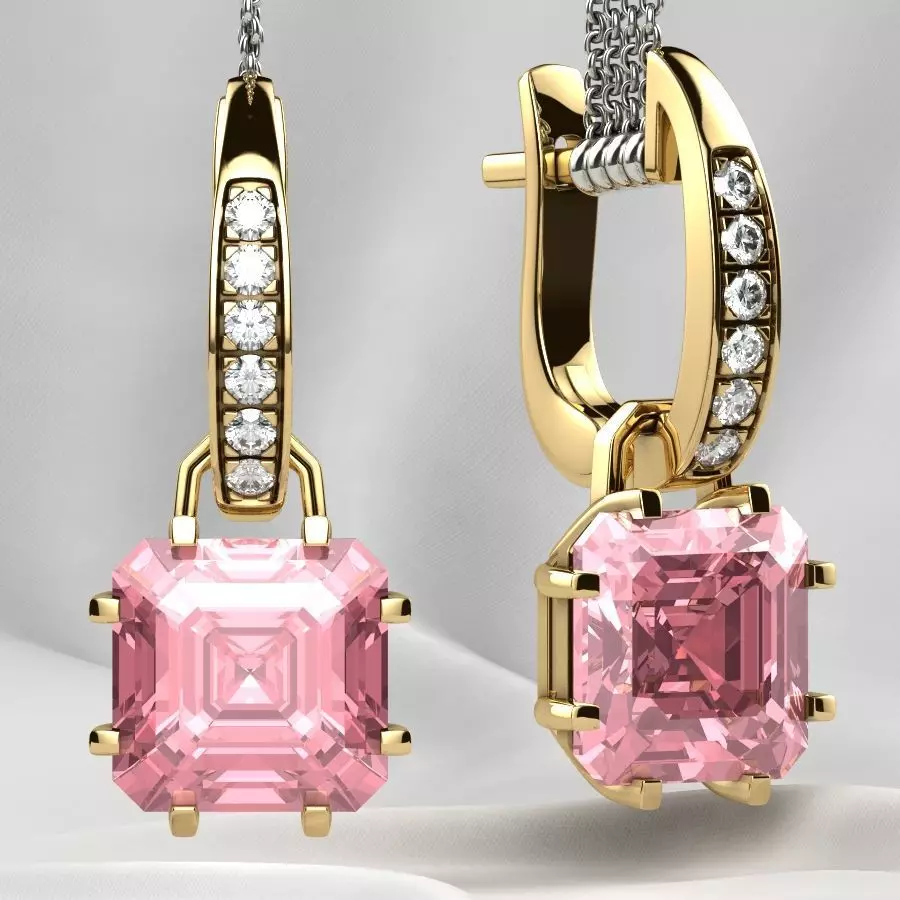 8x8 Emerald Cut Gem Gold Earrings 3D print model_0