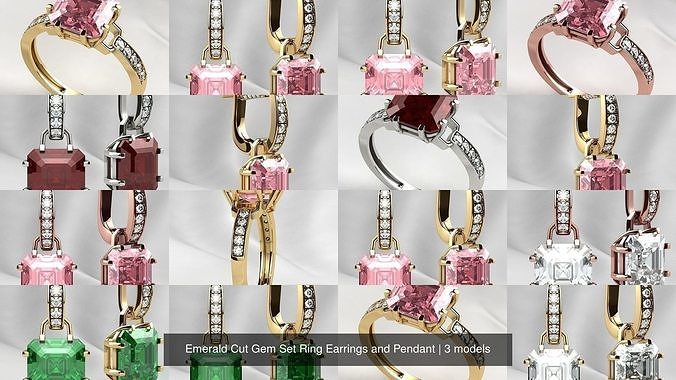 Emerald Cut Gem Set Ring Earrings and Pendant 3D Model Collection