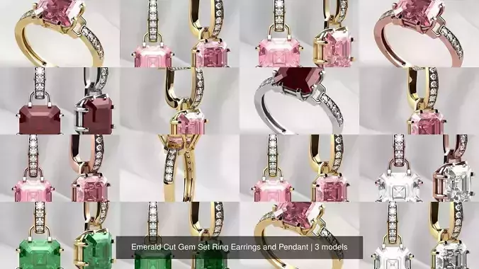 Emerald Cut Gem Set Ring Earrings and Pendant 3D Model Collection