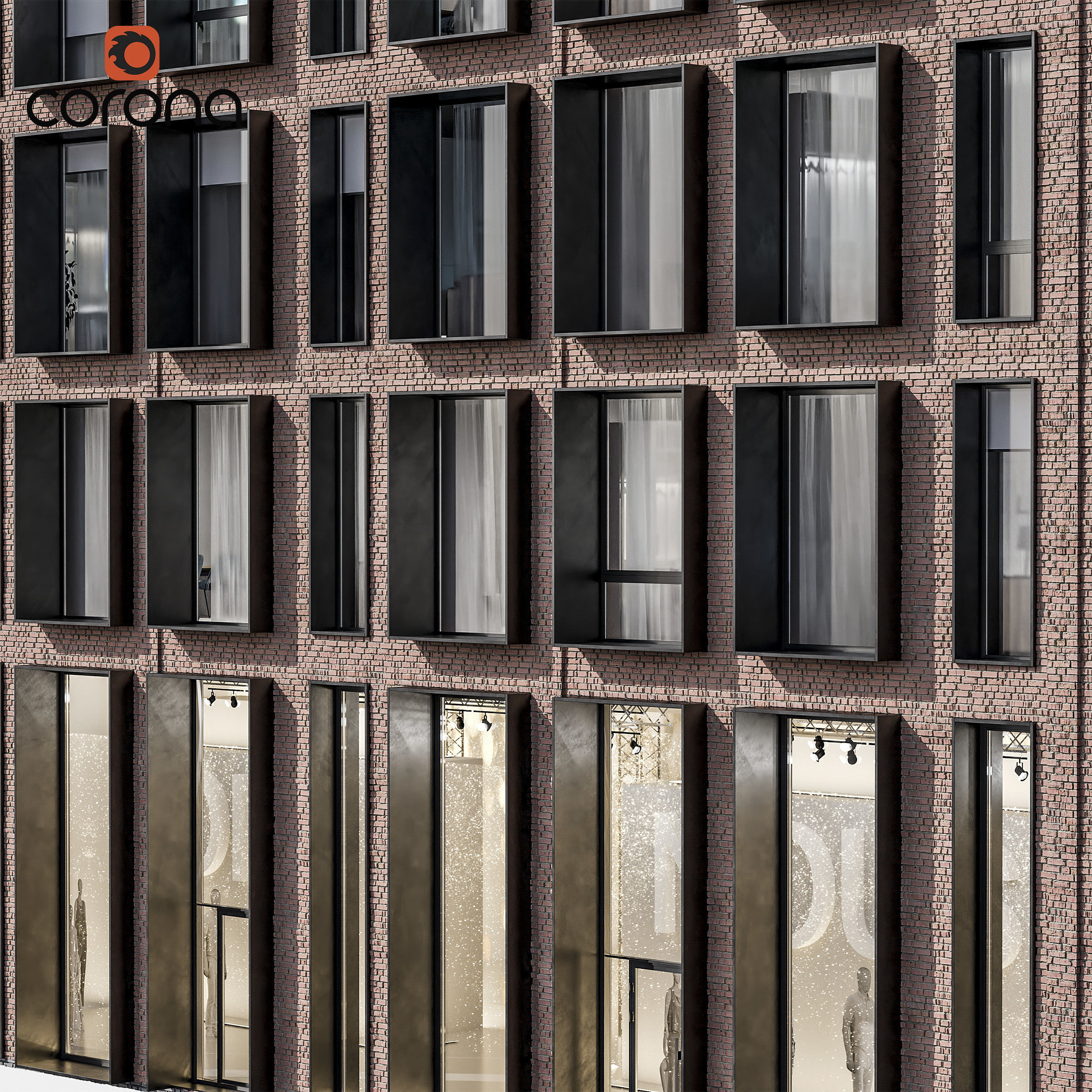 Modern residential facade 01 at night with interiors 3D model_4