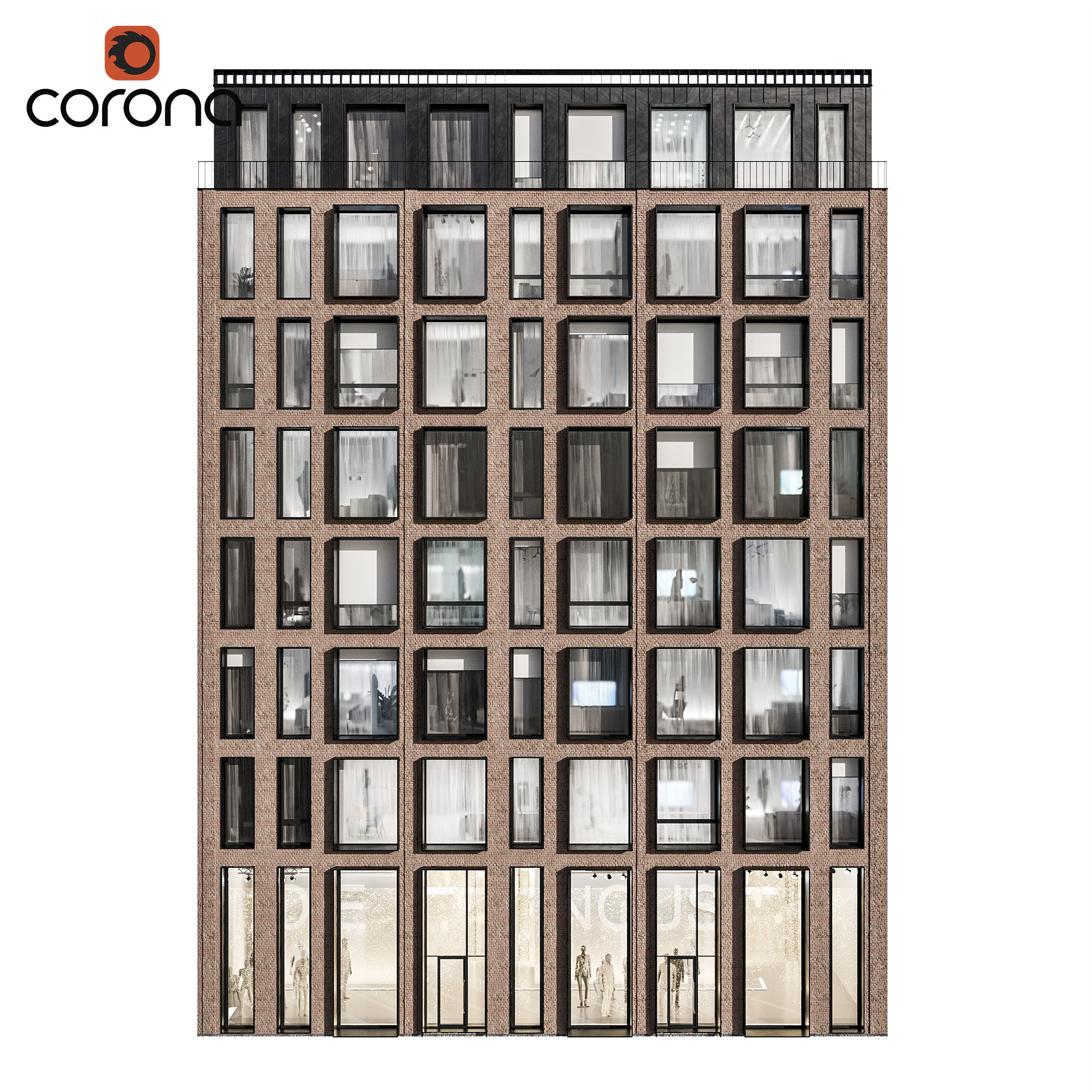 Modern residential facade 01 at night with interiors 3D model_2