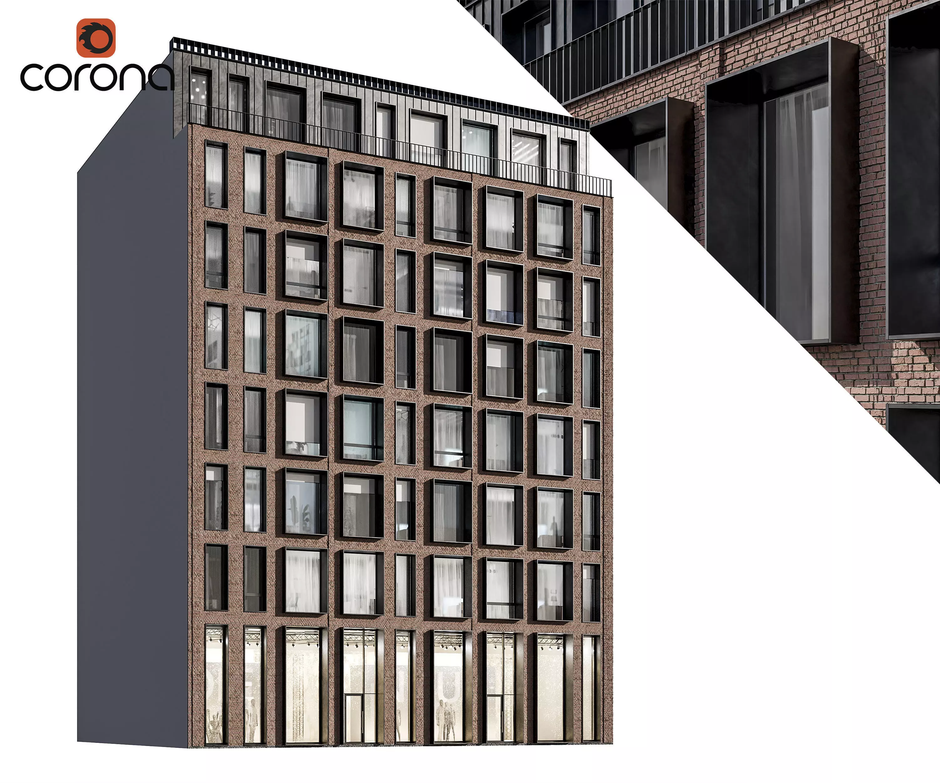 Modern residential facade 01 at night with interiors 3D model_0