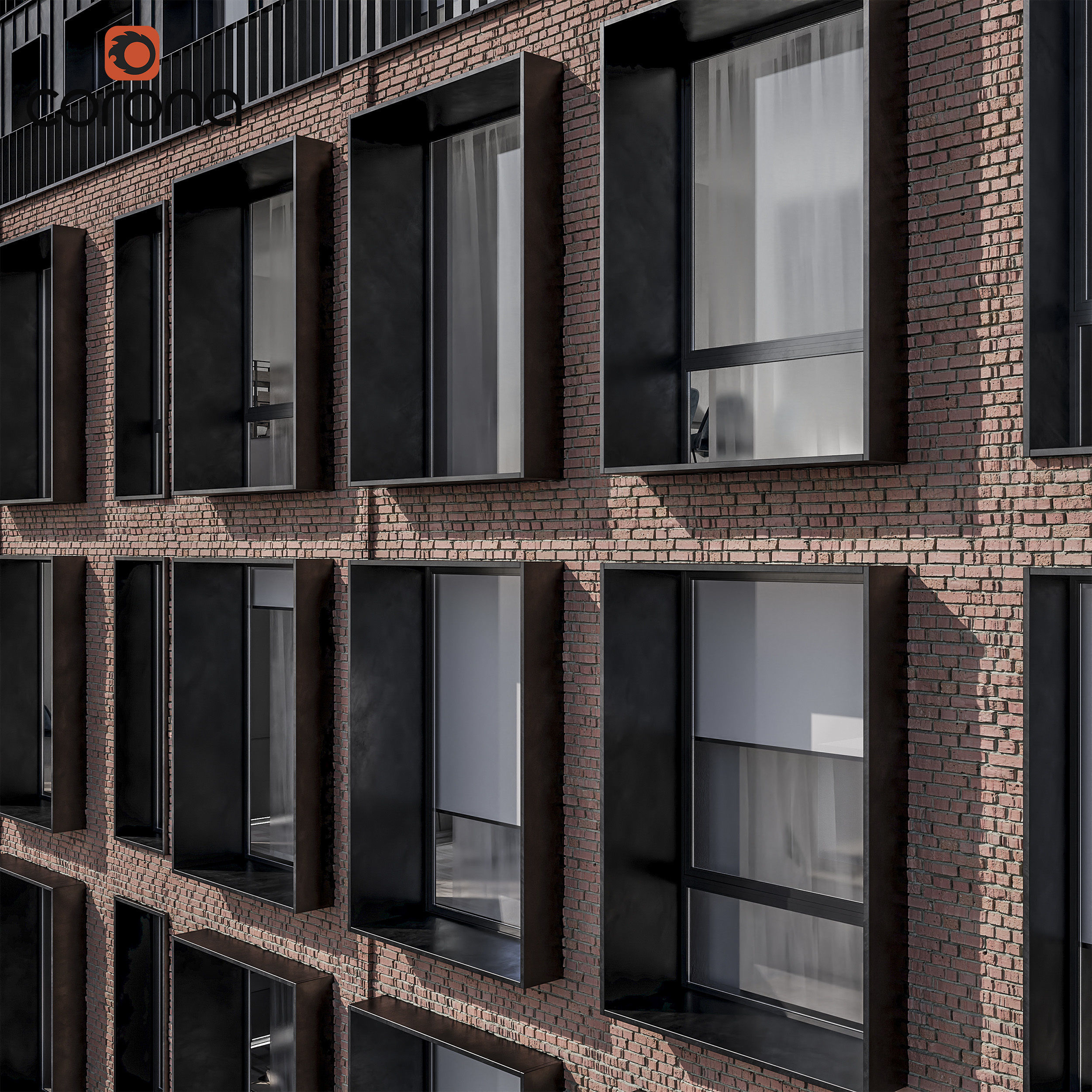 Modern residential facade 01 at night with interiors 3D model_7