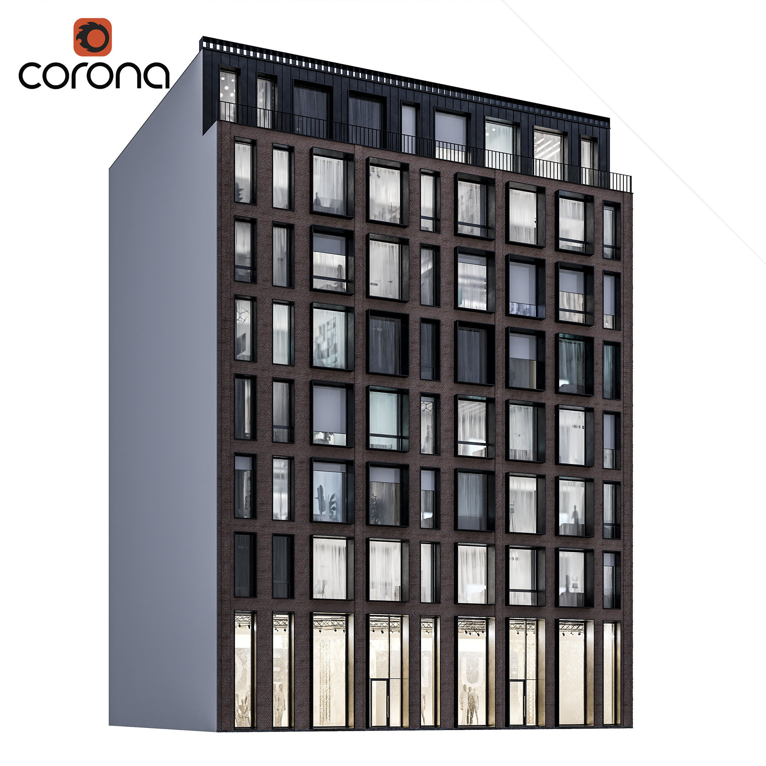 Modern residential facade 01 at night with interiors 3D model_5