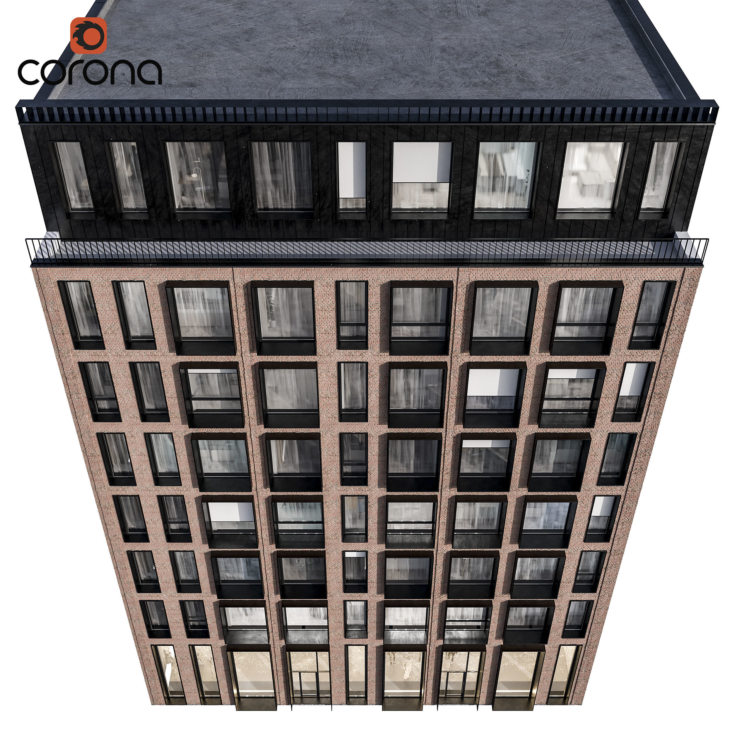 Modern residential facade 01 at night with interiors 3D model_3