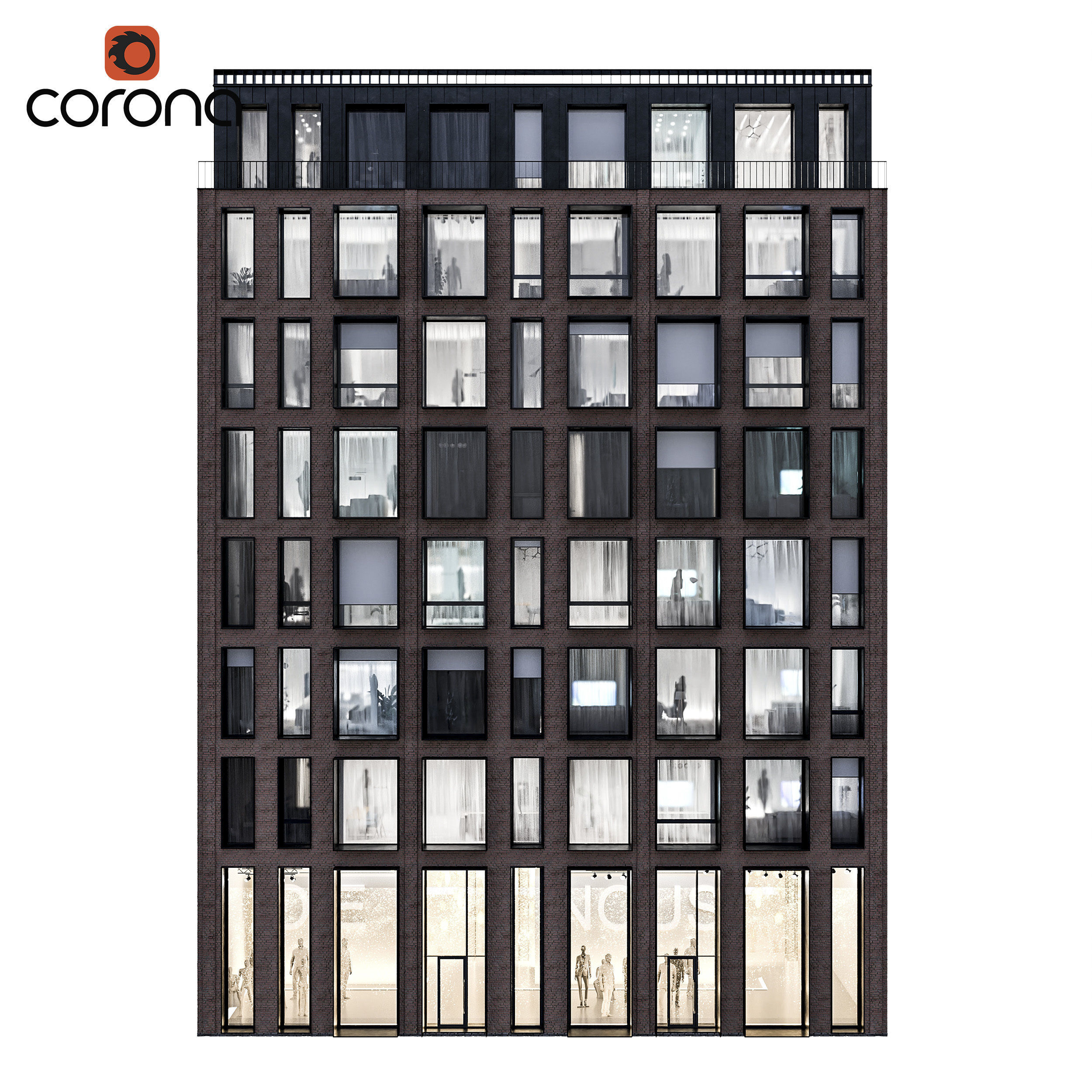 Modern residential facade 01 at night with interiors 3D model_6