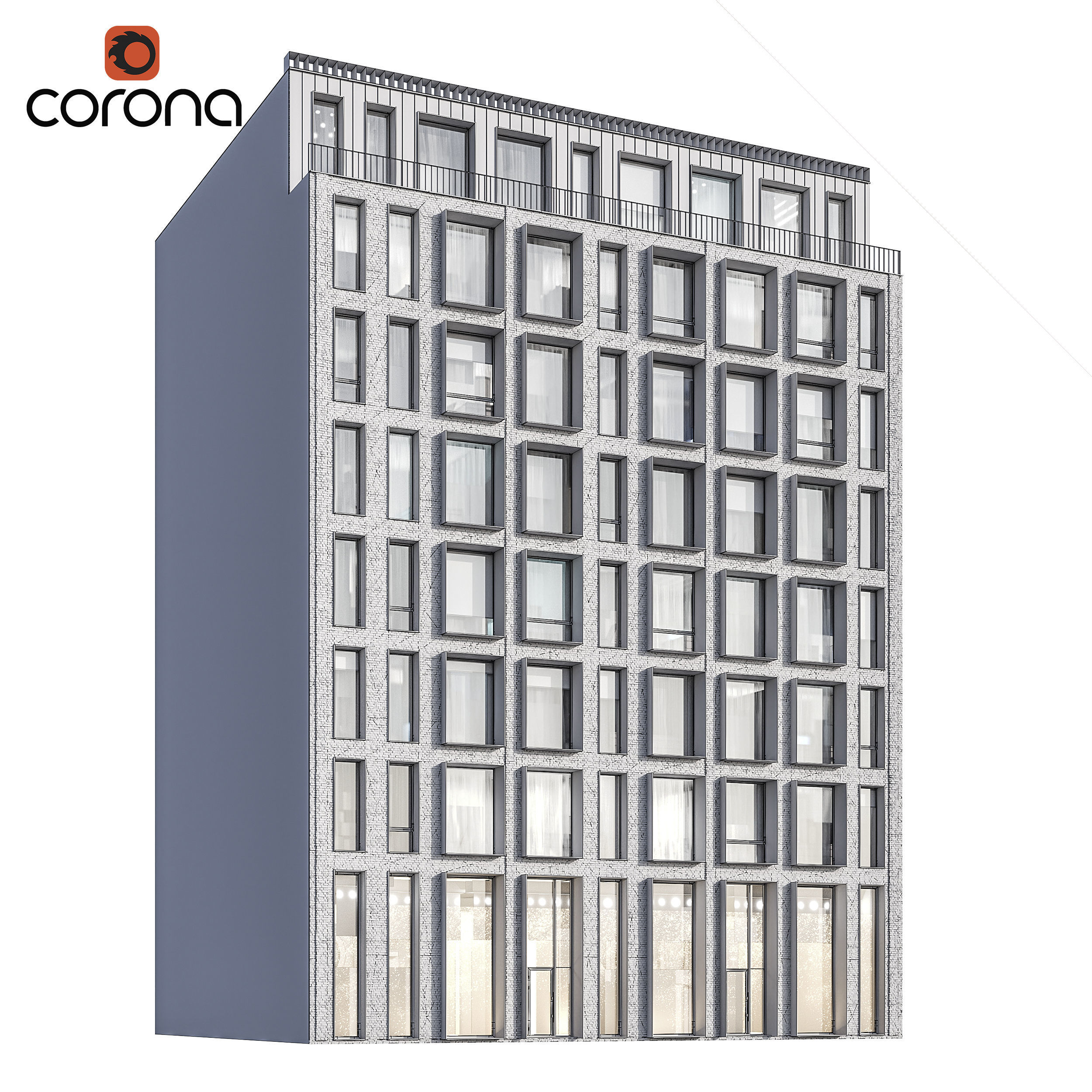 Modern residential facade 01 at night with interiors 3D model_1