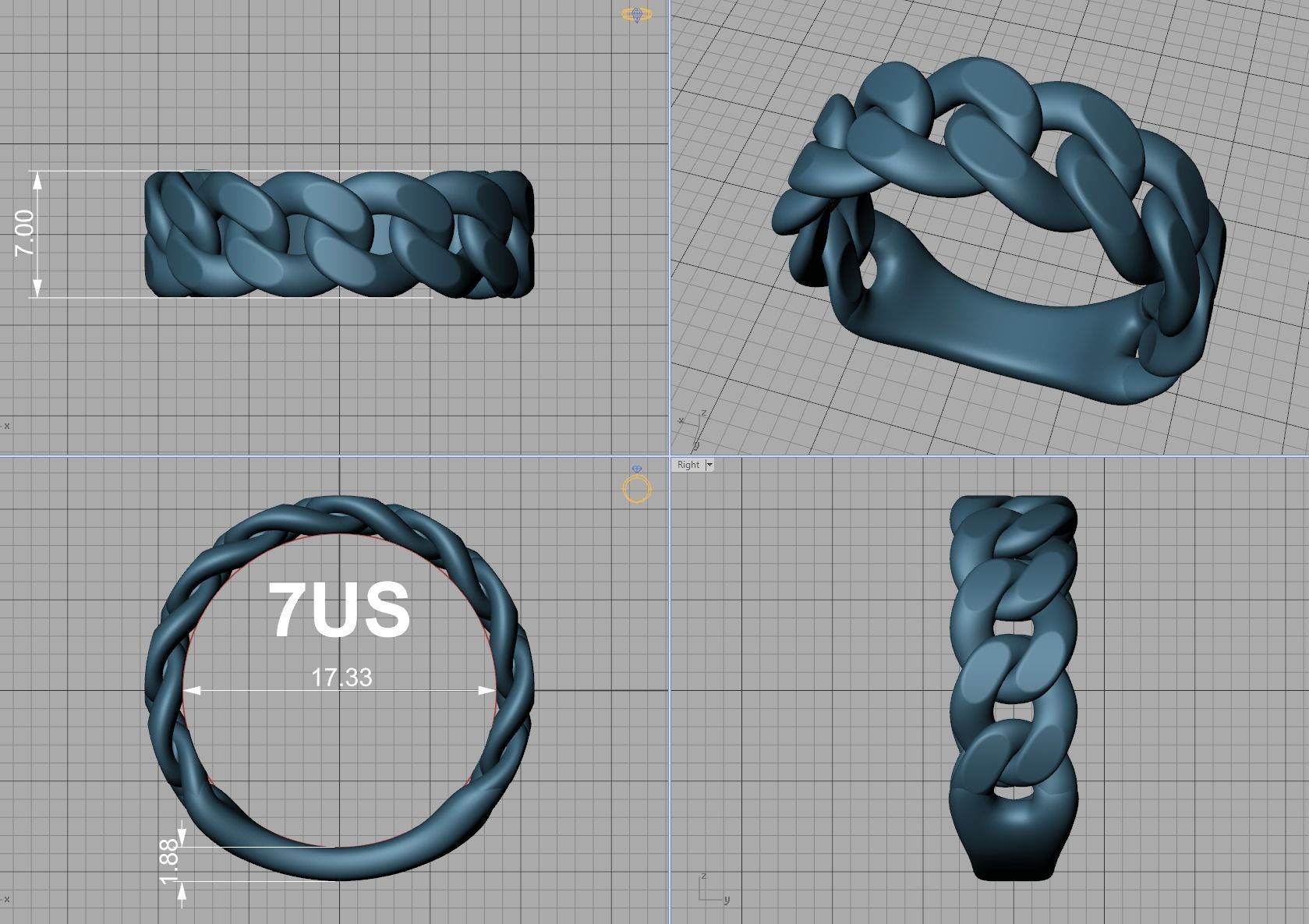 Cuban Ring Chain Link Ring 7mm Wide   5 6 7 8 9 US sizes 3dmodel 3D print model_15