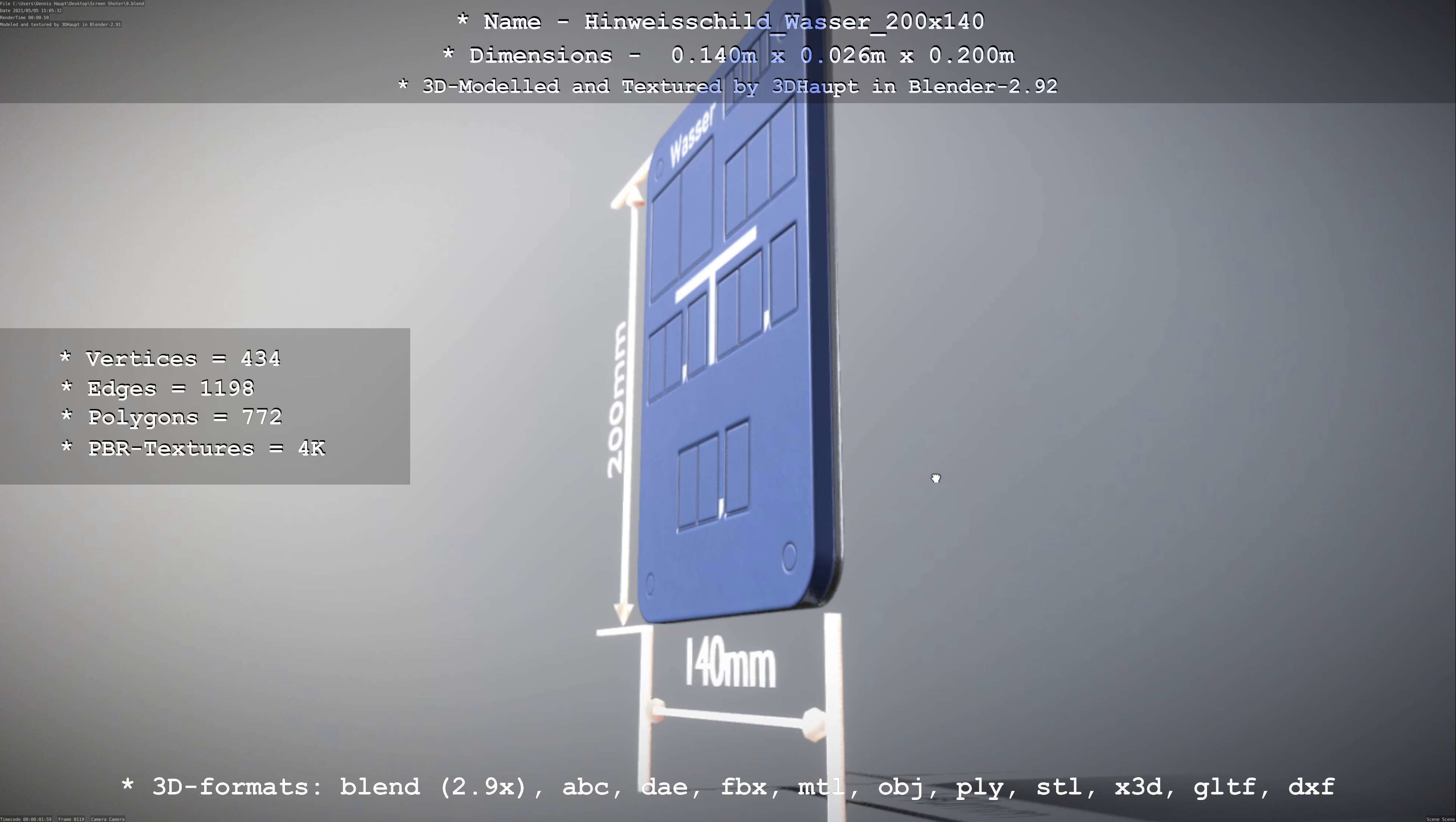 Hinweisschild Wasser 200x140mm Low-poly 3D model_69