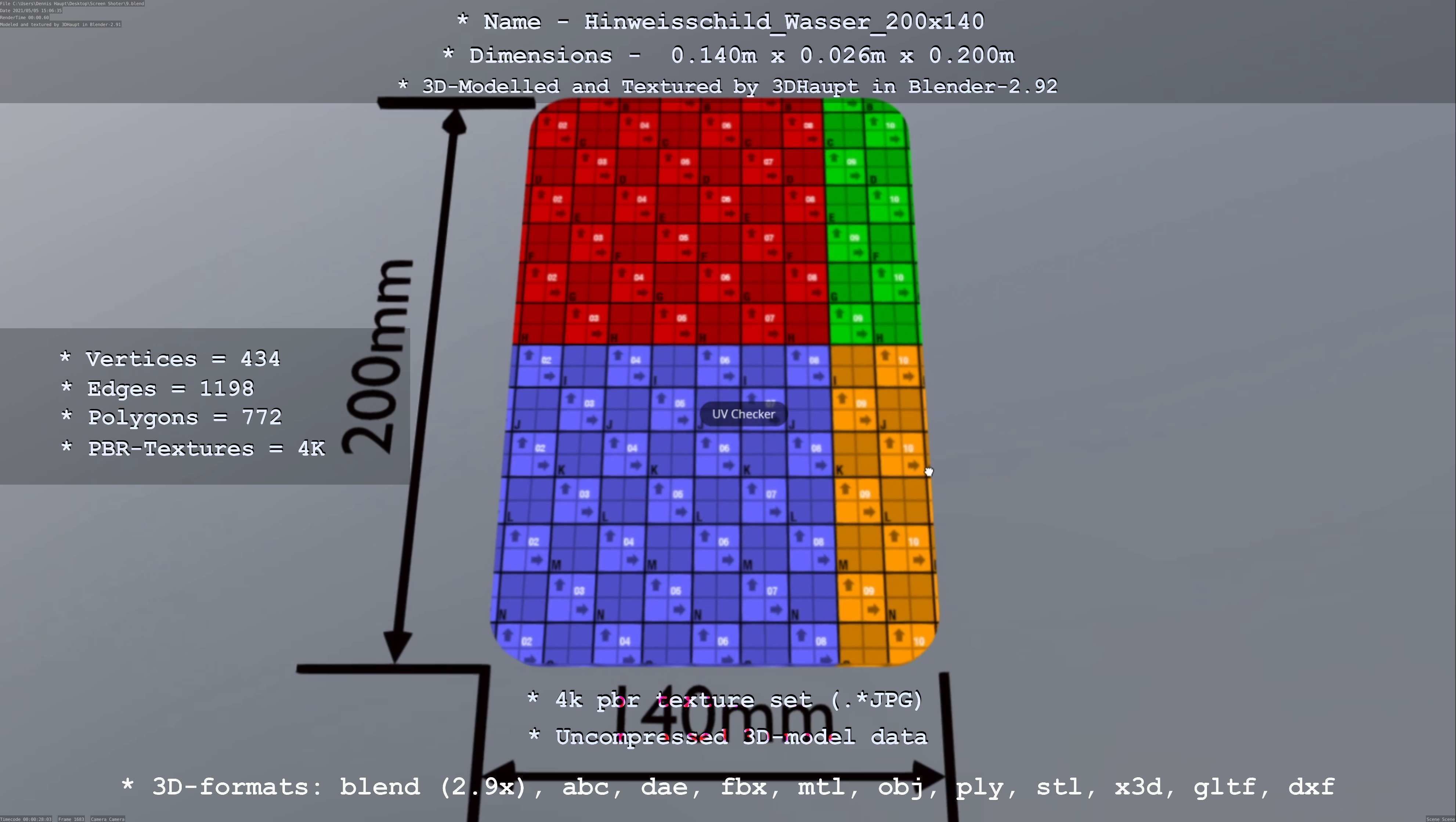Hinweisschild Wasser 200x140mm Low-poly 3D model_4