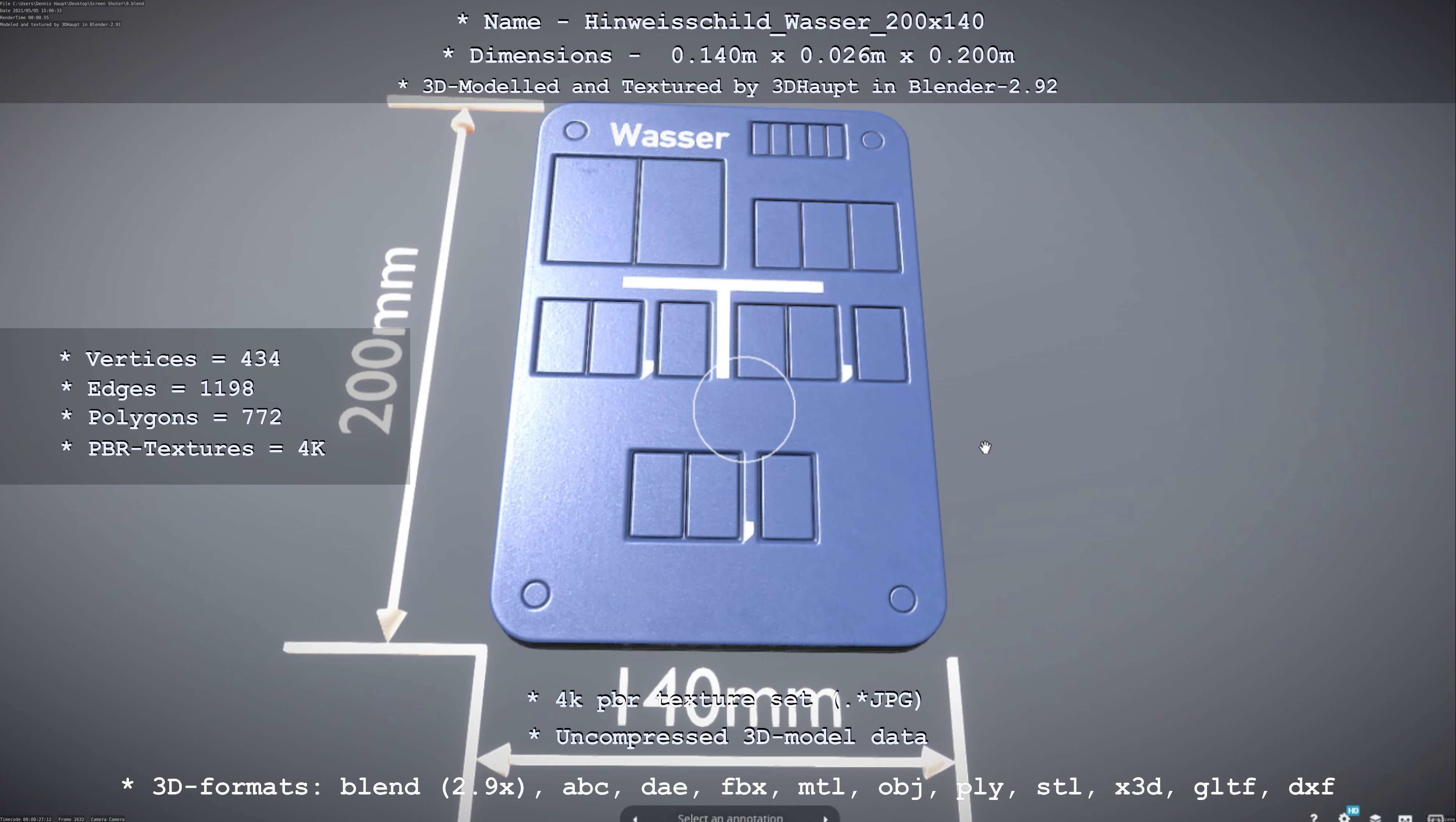 Hinweisschild Wasser 200x140mm Low-poly 3D model_115