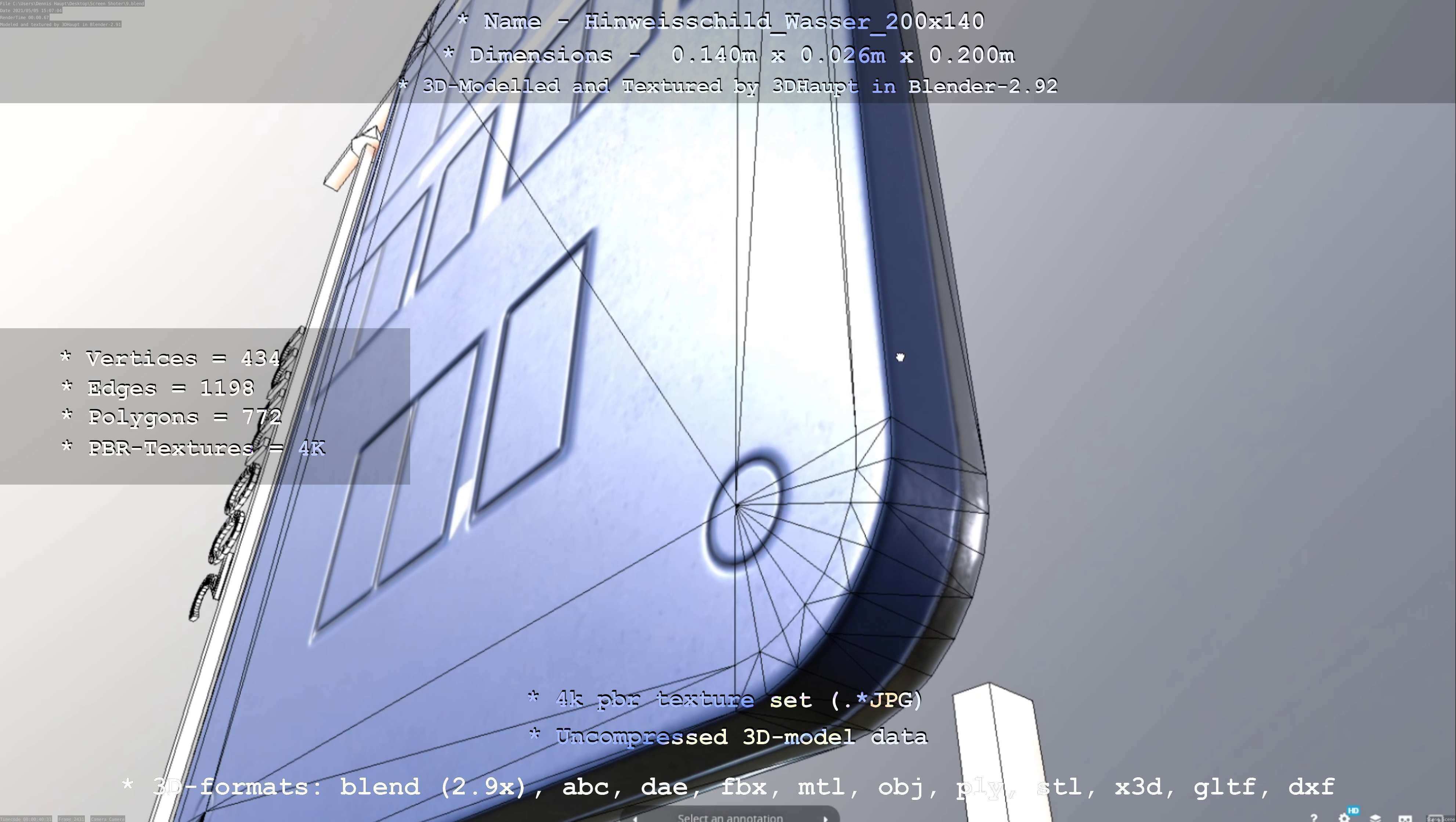 Hinweisschild Wasser 200x140mm Low-poly 3D model_6