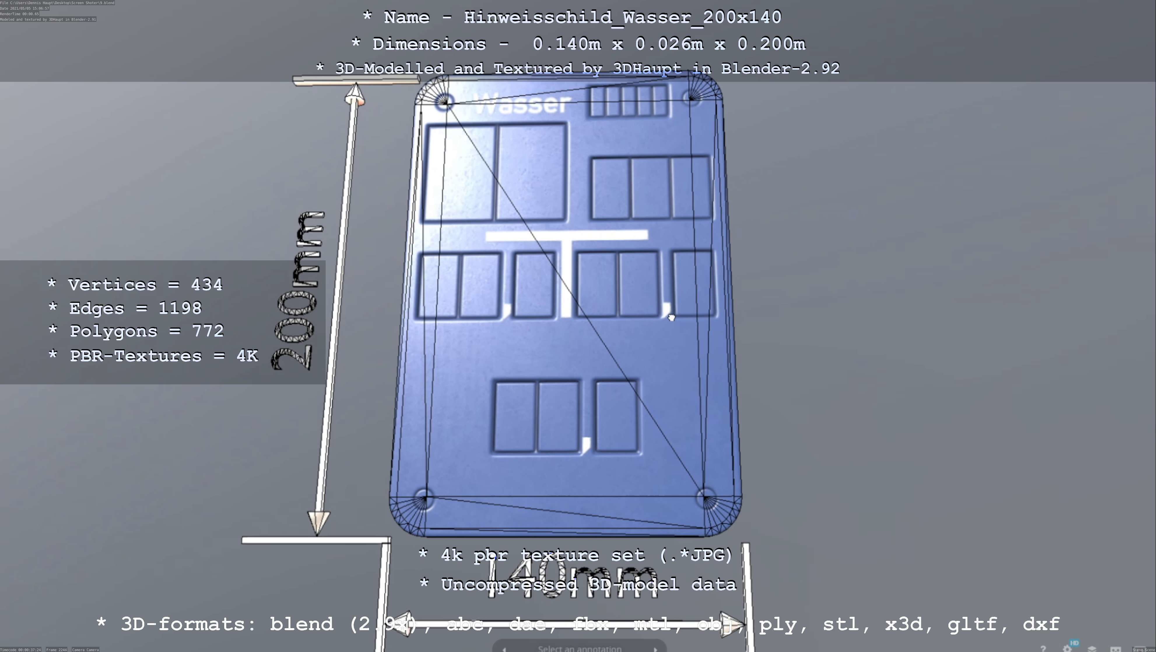 Hinweisschild Wasser 200x140mm Low-poly 3D model_38