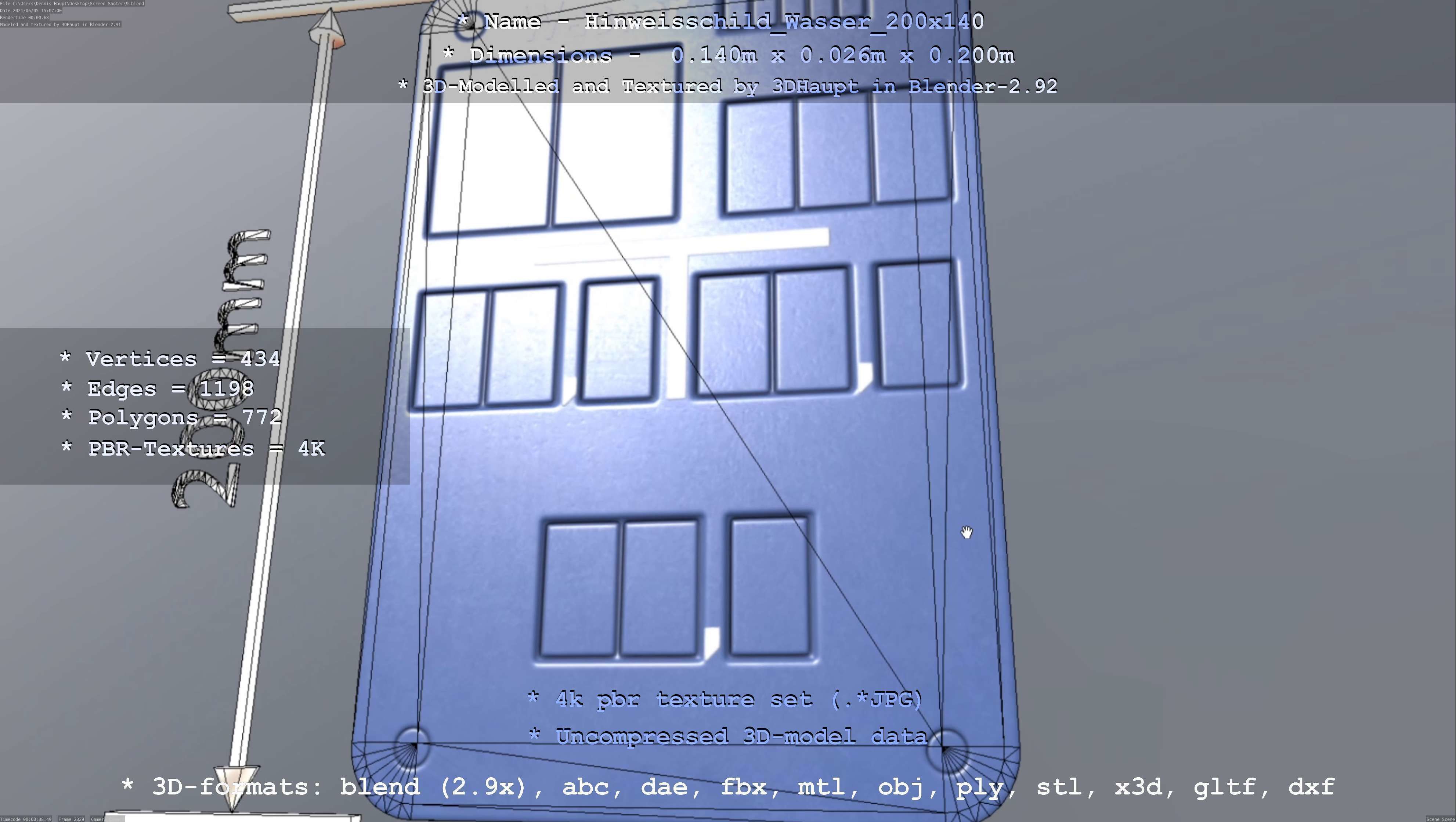 Hinweisschild Wasser 200x140mm Low-poly 3D model_44