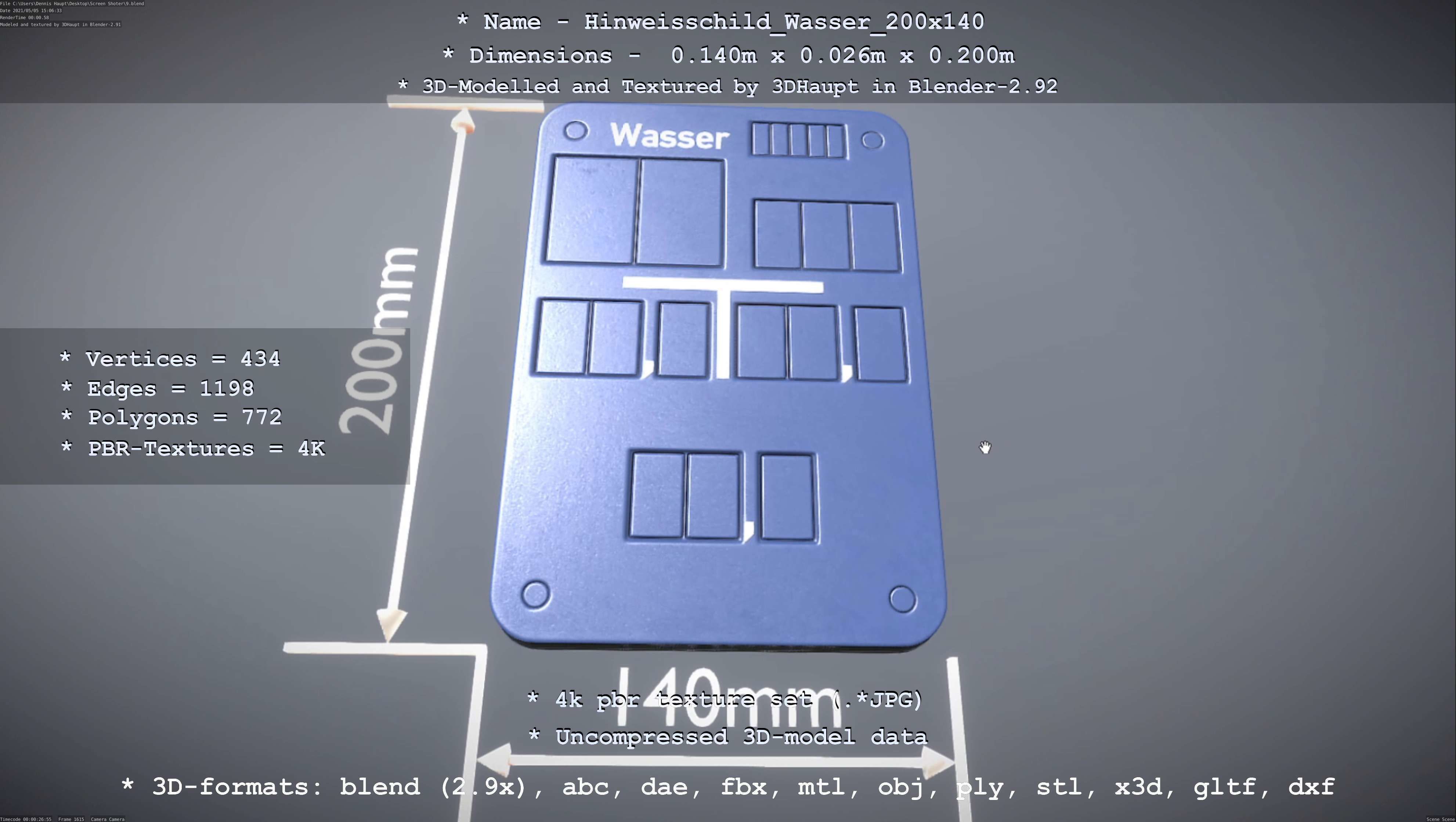 Hinweisschild Wasser 200x140mm Low-poly 3D model_114