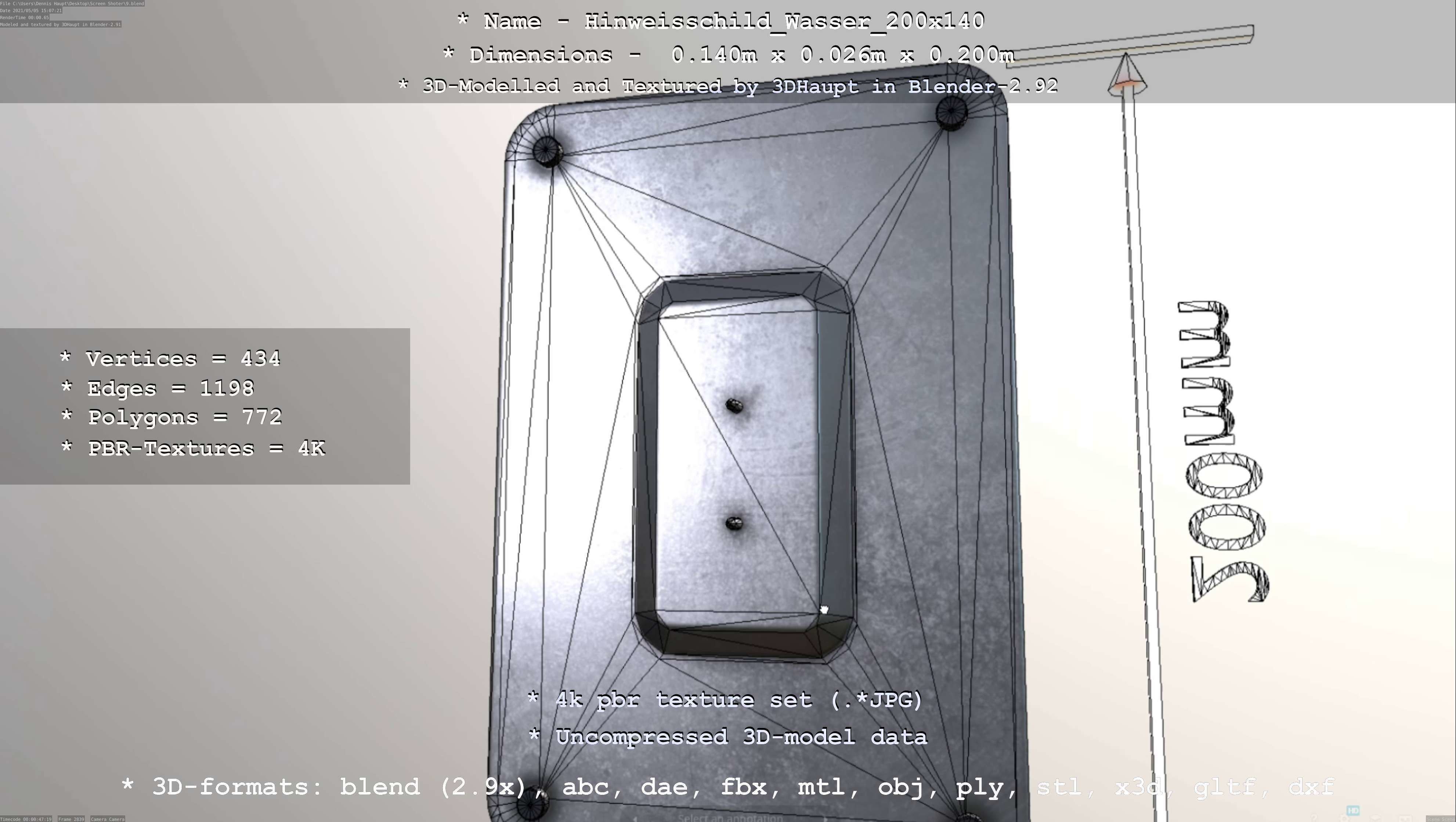 Hinweisschild Wasser 200x140mm Low-poly 3D model_9