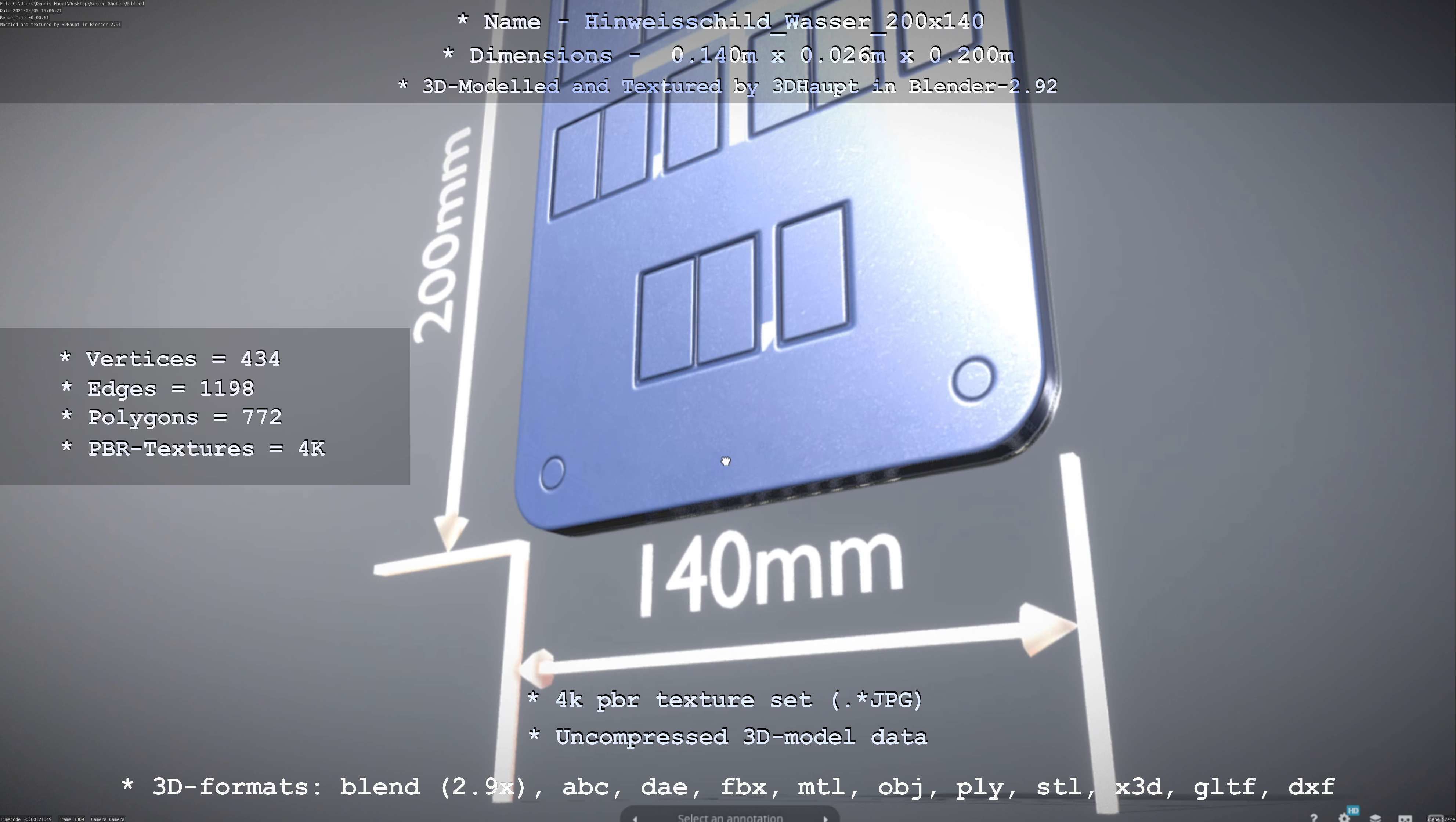 Hinweisschild Wasser 200x140mm Low-poly 3D model_28