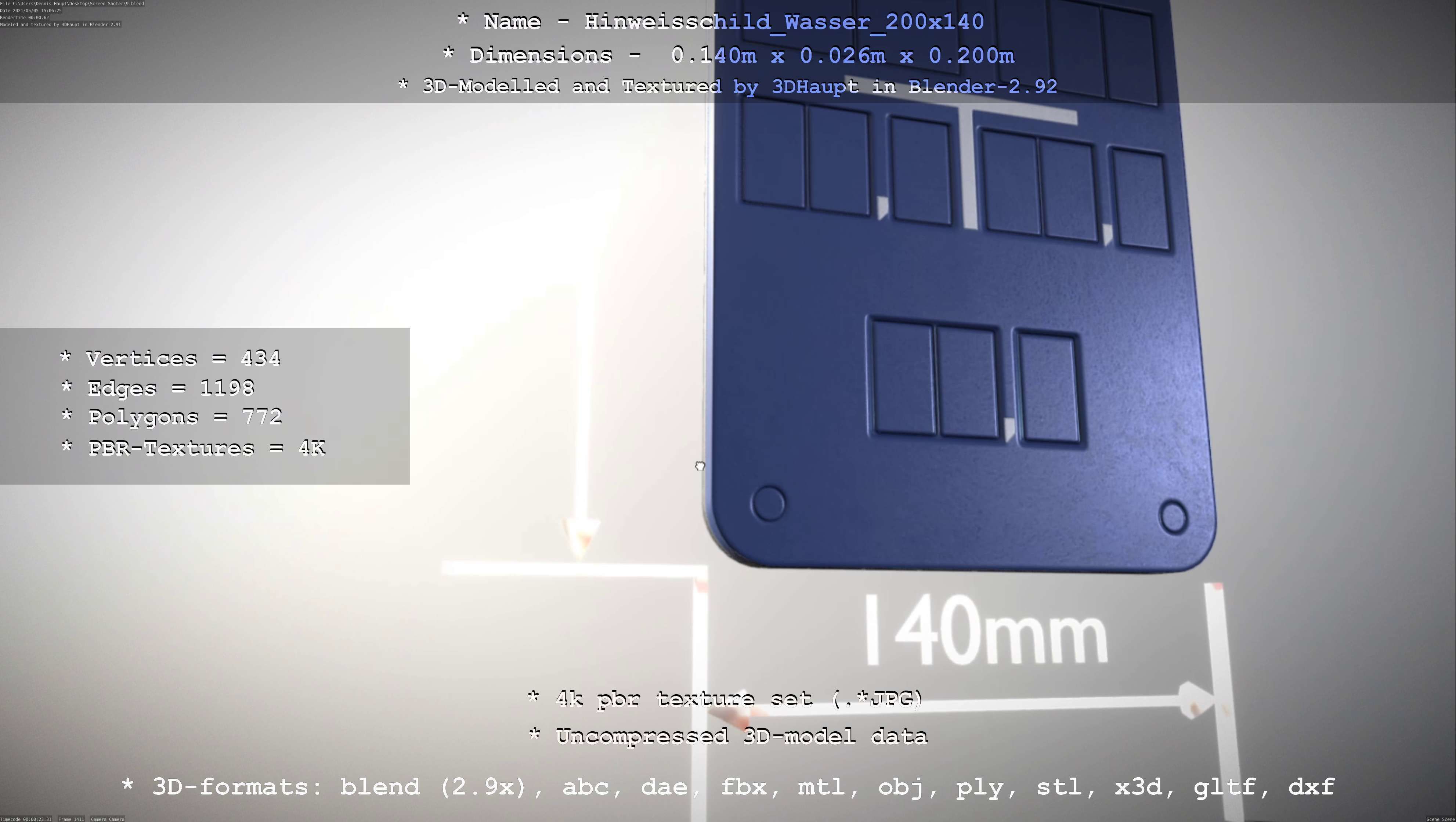 Hinweisschild Wasser 200x140mm Low-poly 3D model_110