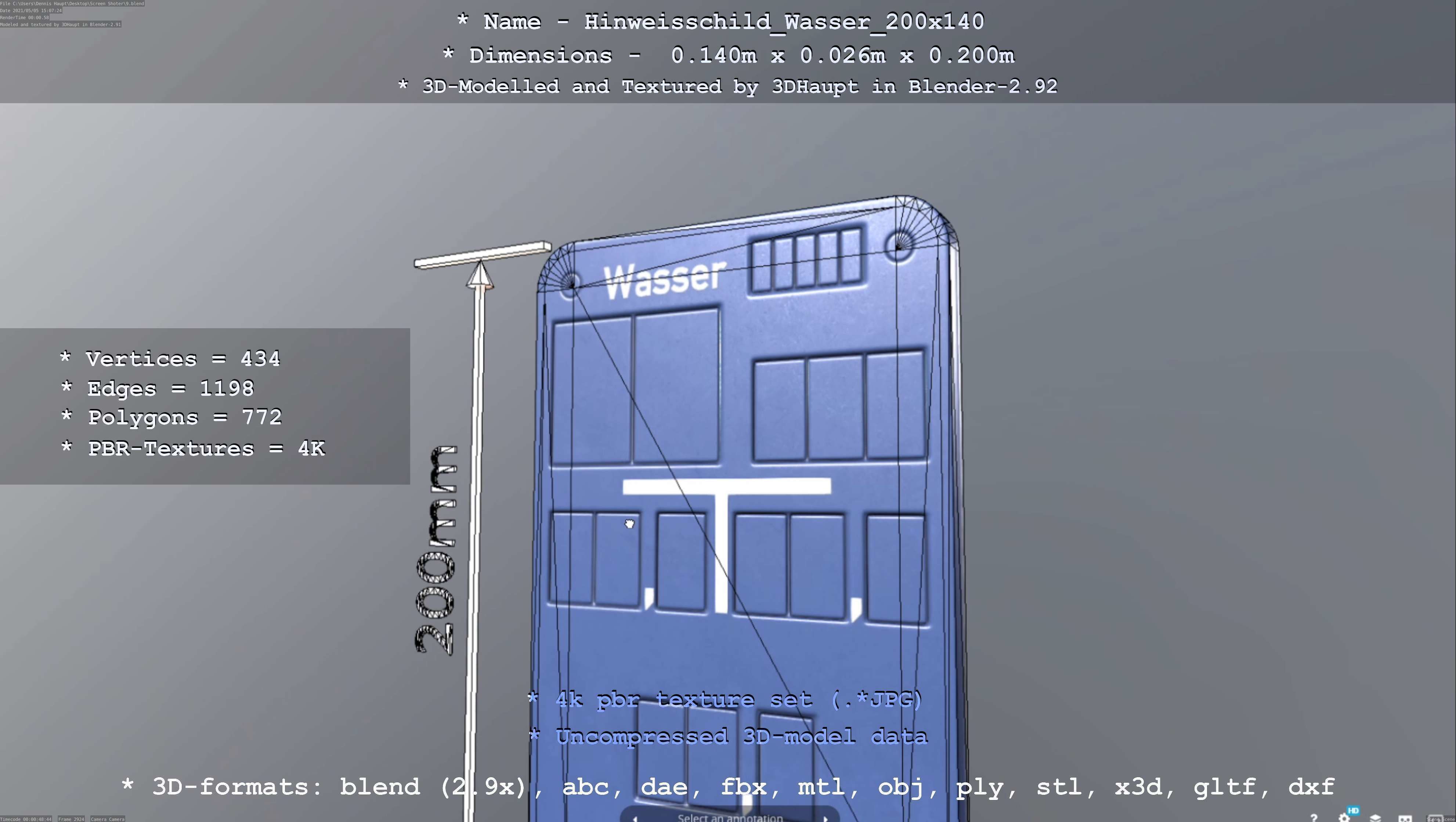 Hinweisschild Wasser 200x140mm Low-poly 3D model_63