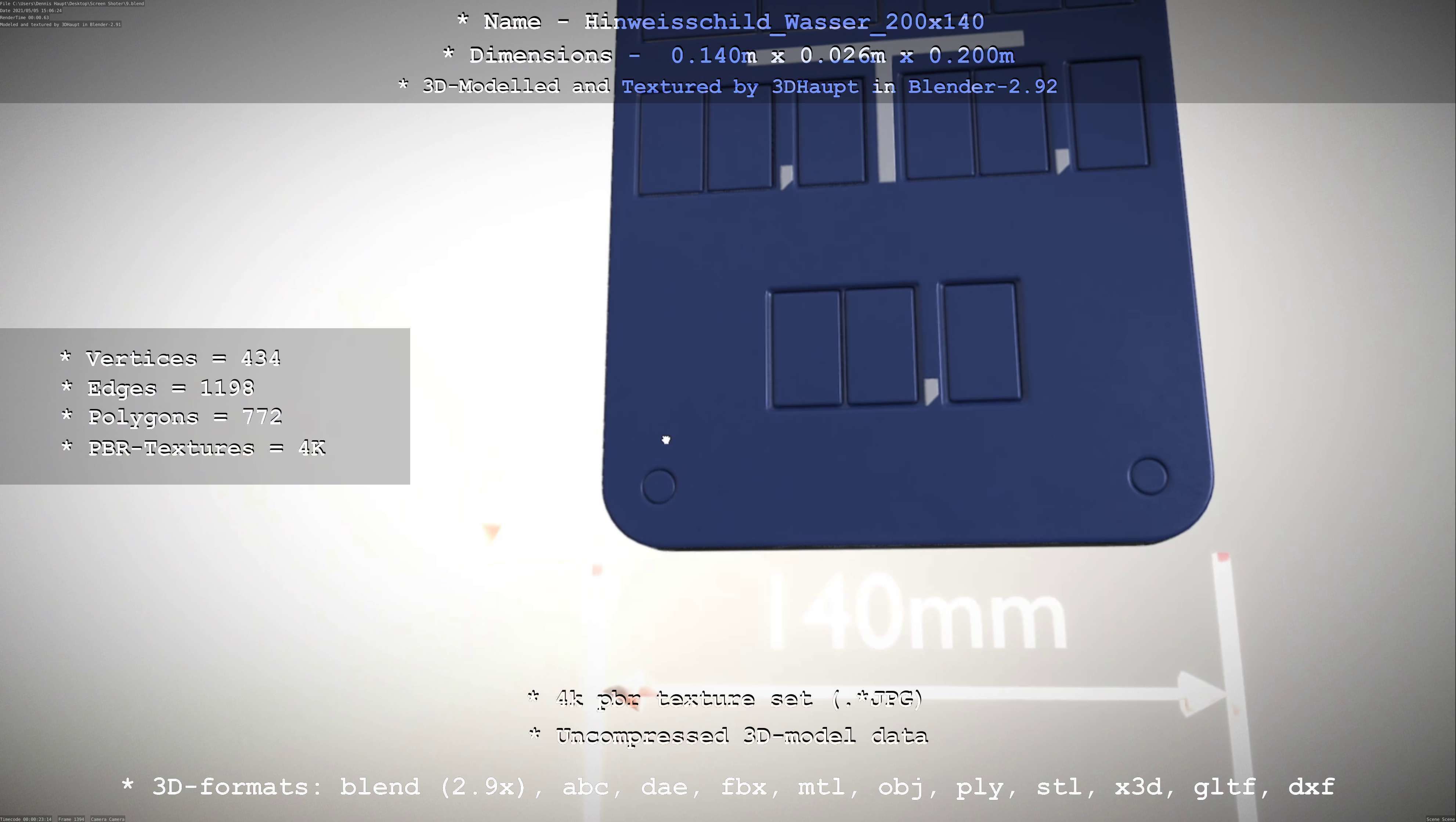 Hinweisschild Wasser 200x140mm Low-poly 3D model_109