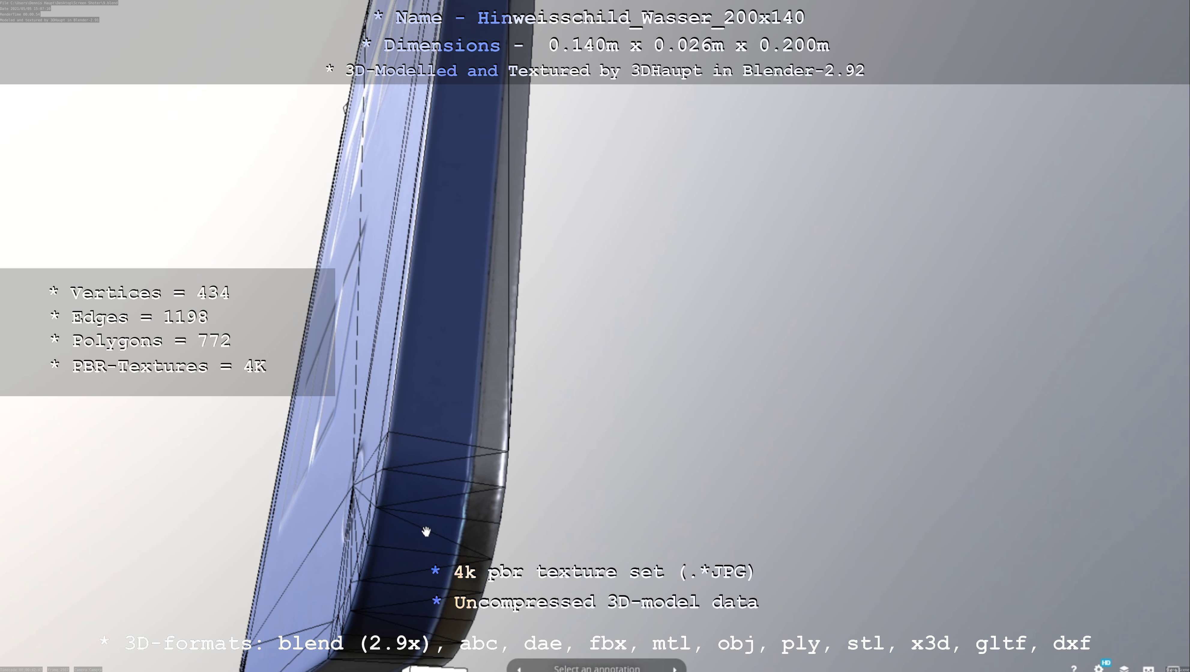 Hinweisschild Wasser 200x140mm Low-poly 3D model_50