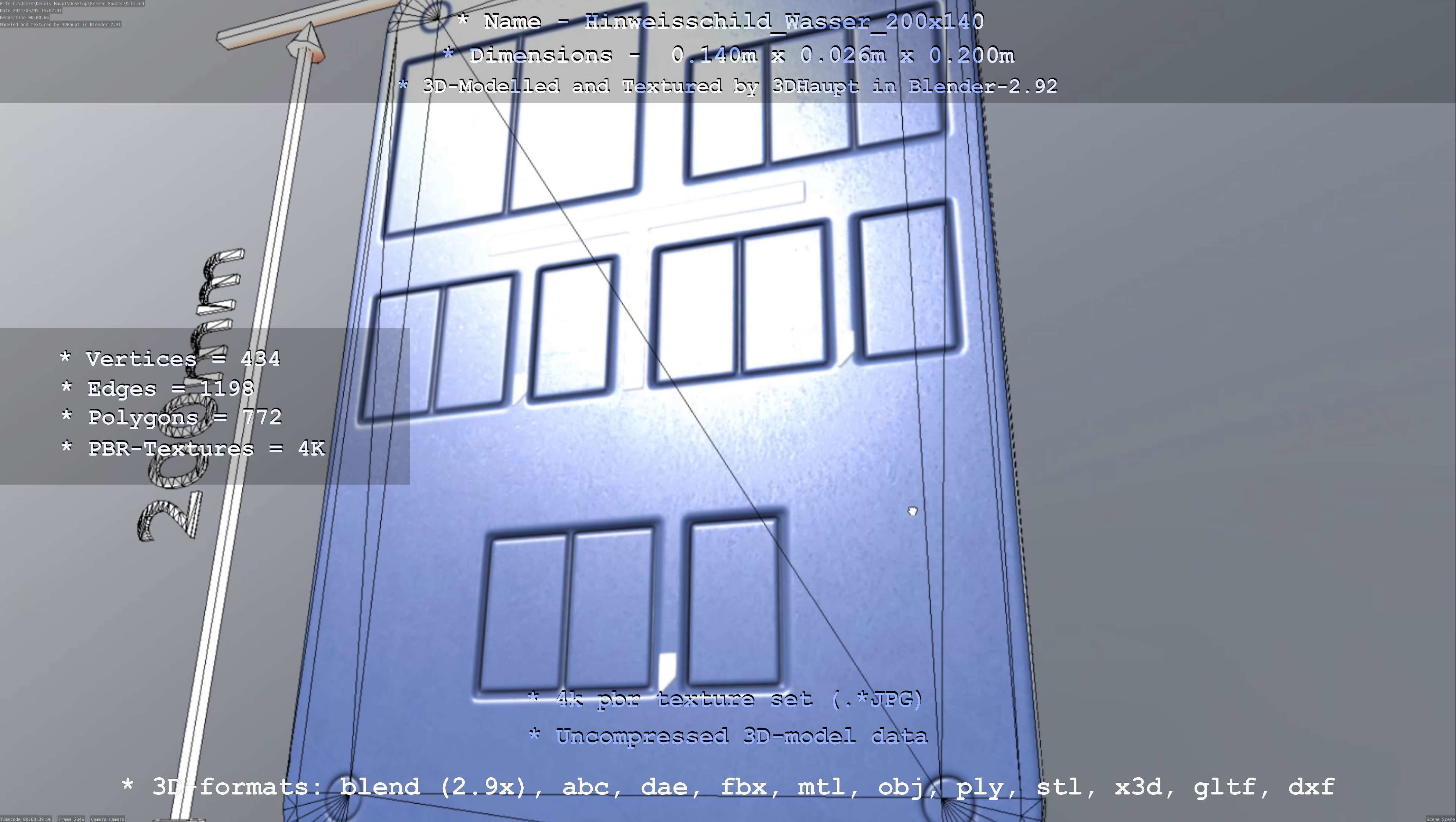 Hinweisschild Wasser 200x140mm Low-poly 3D model_45