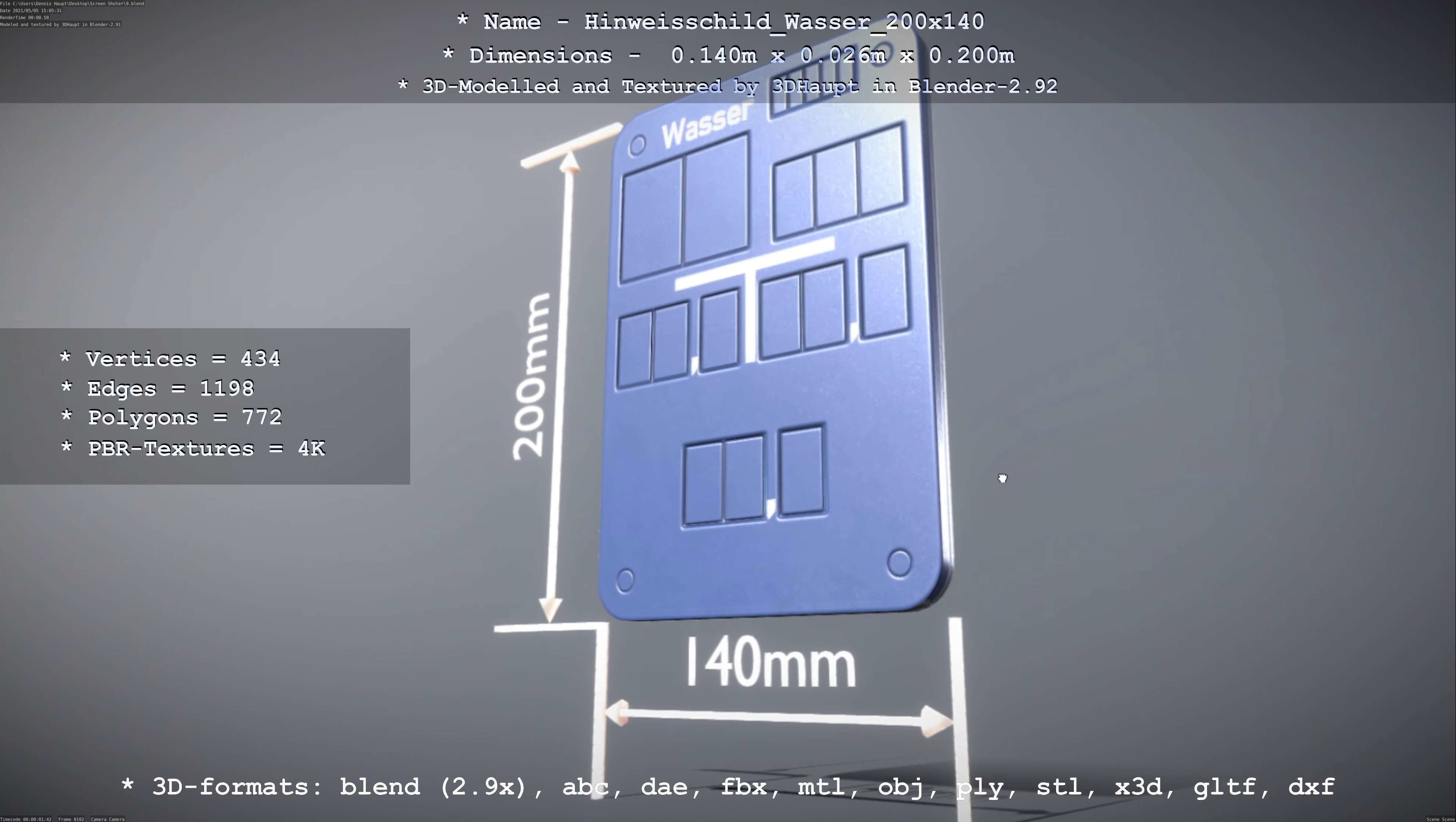 Hinweisschild Wasser 200x140mm Low-poly 3D model_68
