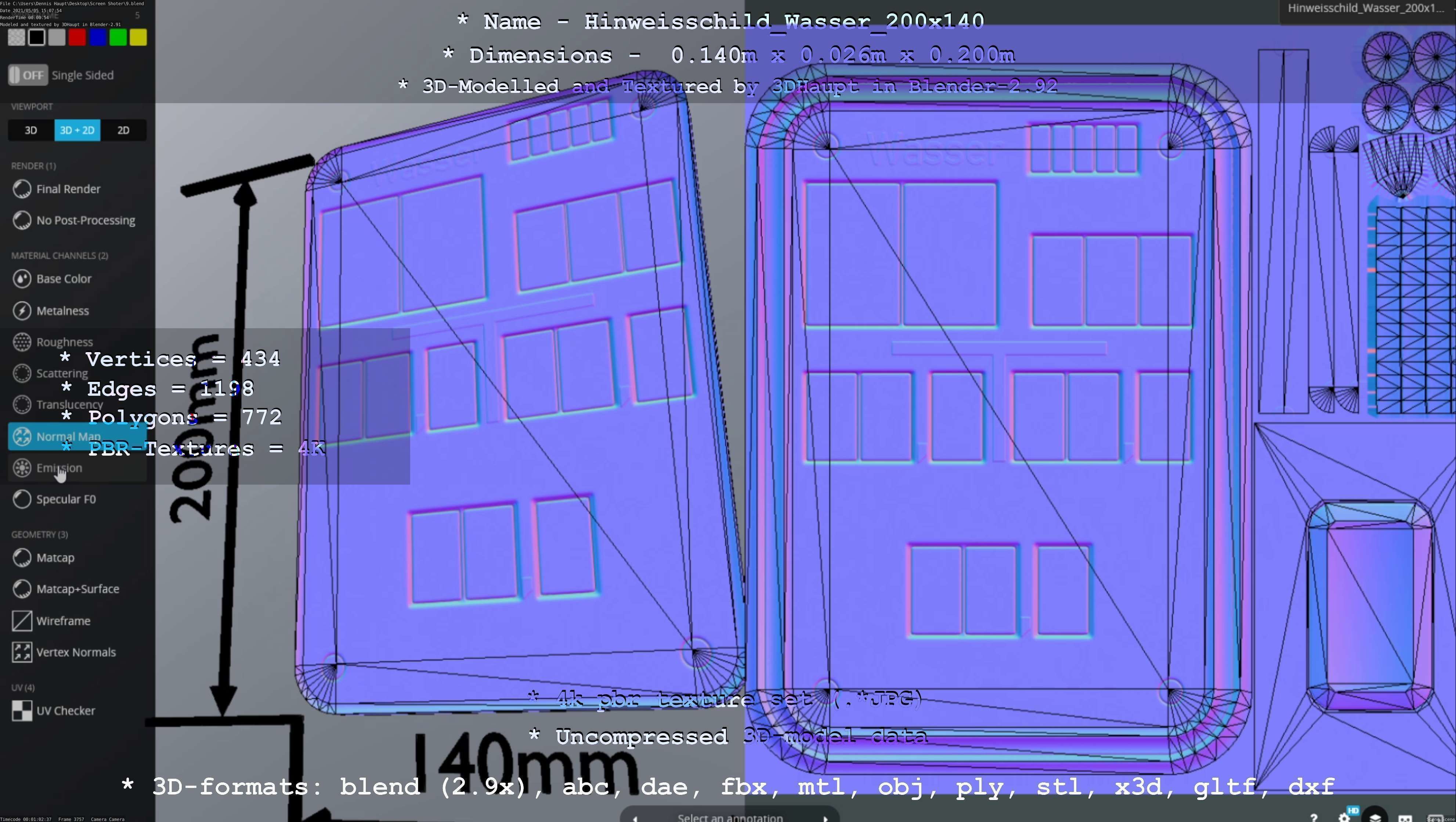 Hinweisschild Wasser 200x140mm Low-poly 3D model_15