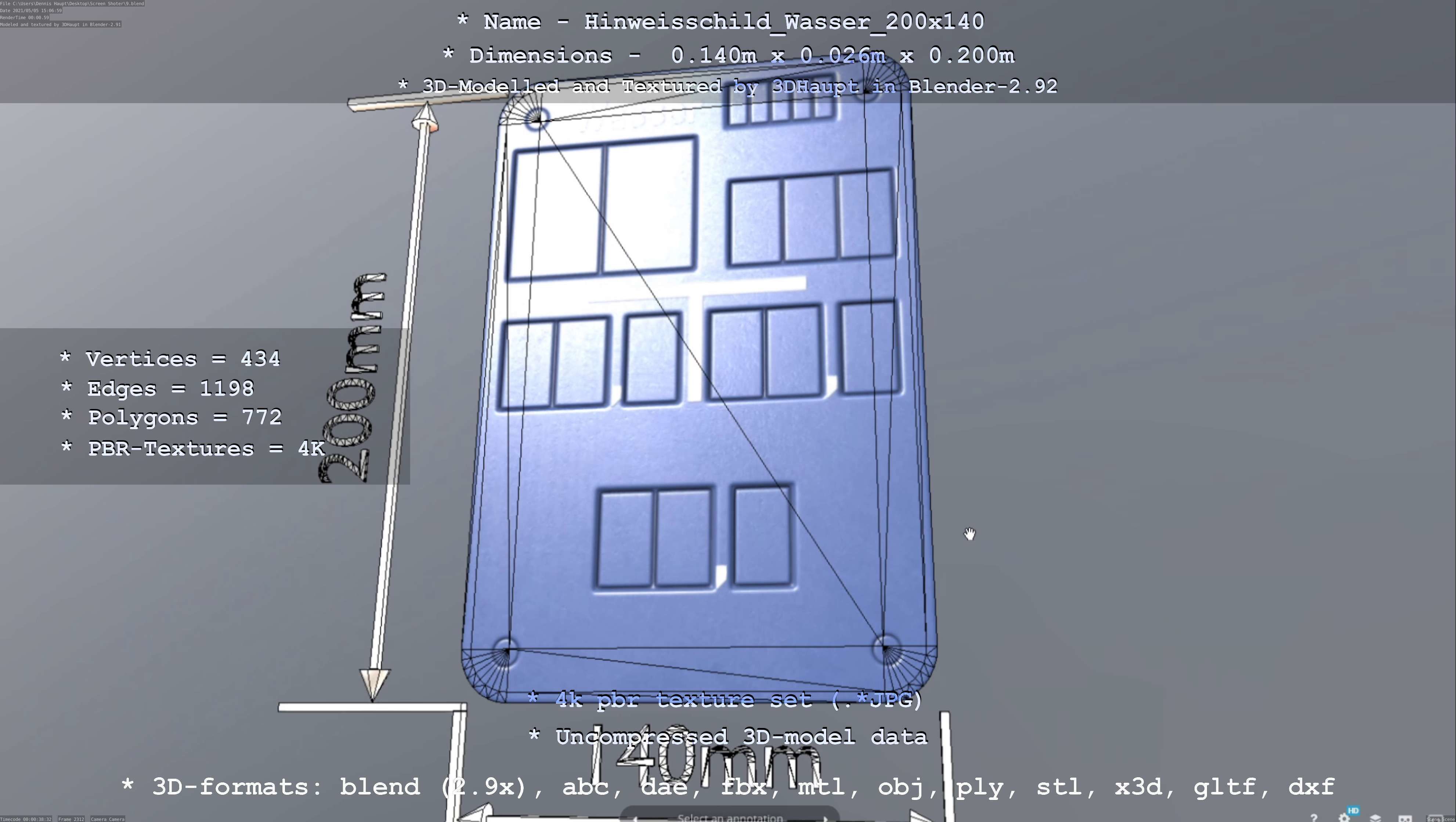 Hinweisschild Wasser 200x140mm Low-poly 3D model_43