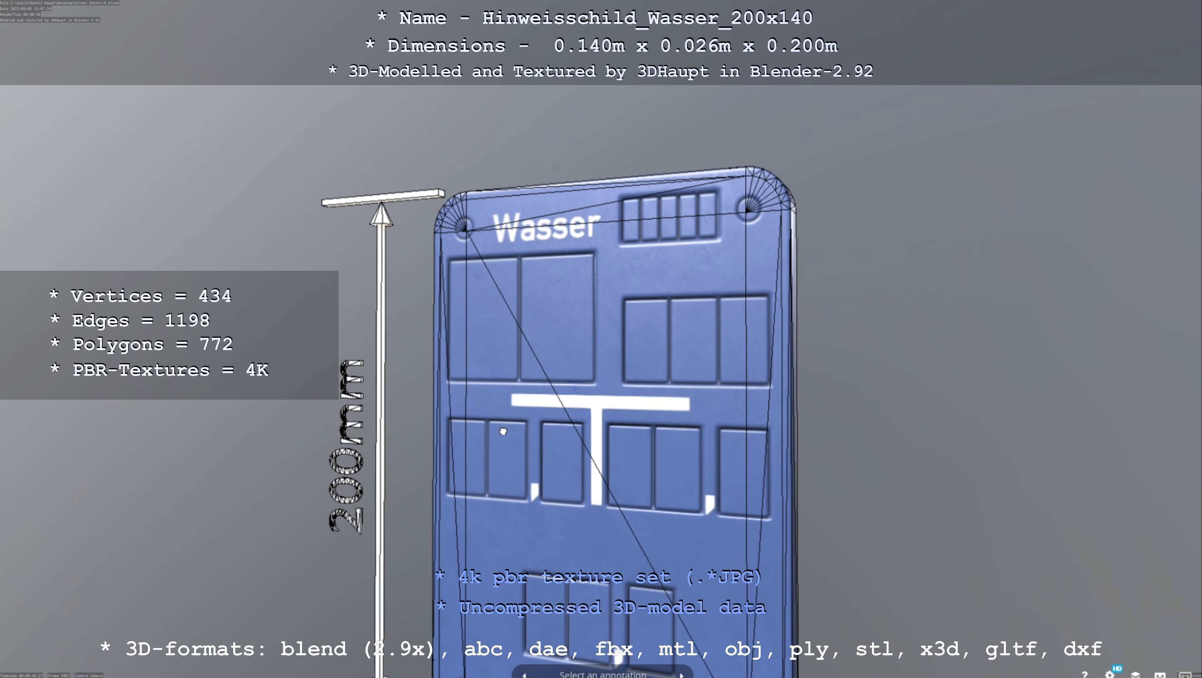Hinweisschild Wasser 200x140mm Low-poly 3D model_61