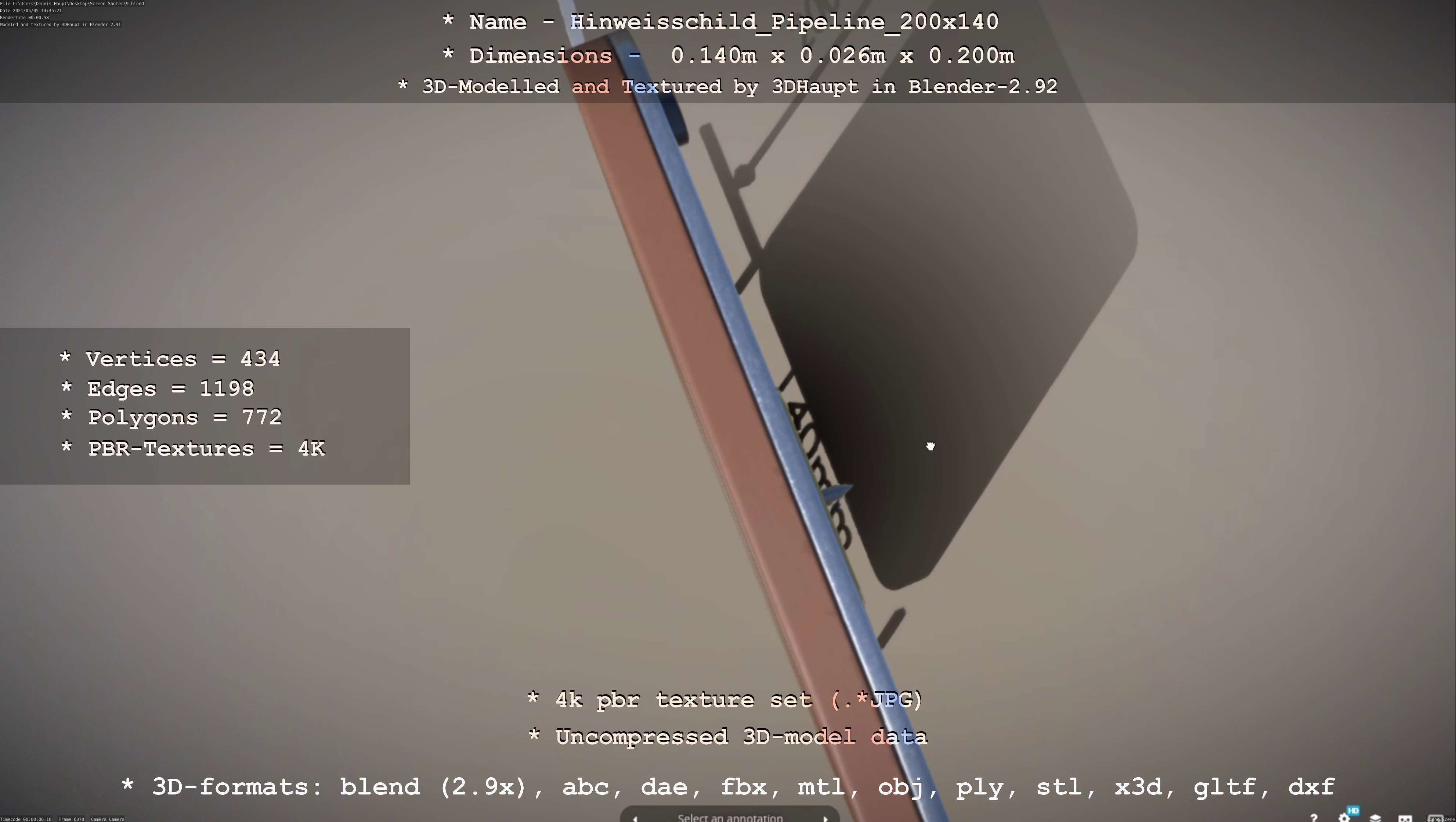 Hinweisschild Pipeline 200x140mm Low-poly 3D model_13