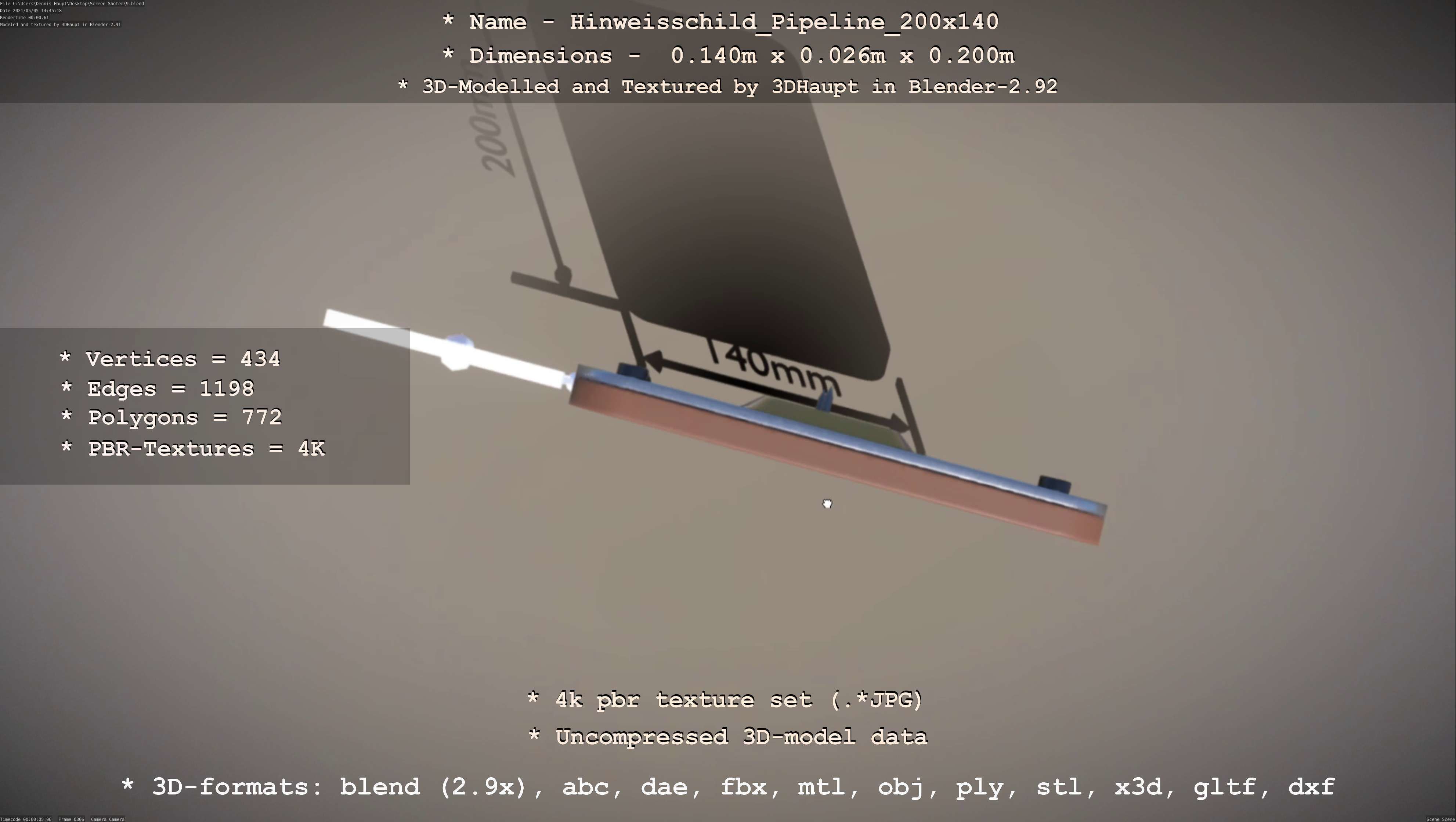Hinweisschild Pipeline 200x140mm Low-poly 3D model_2