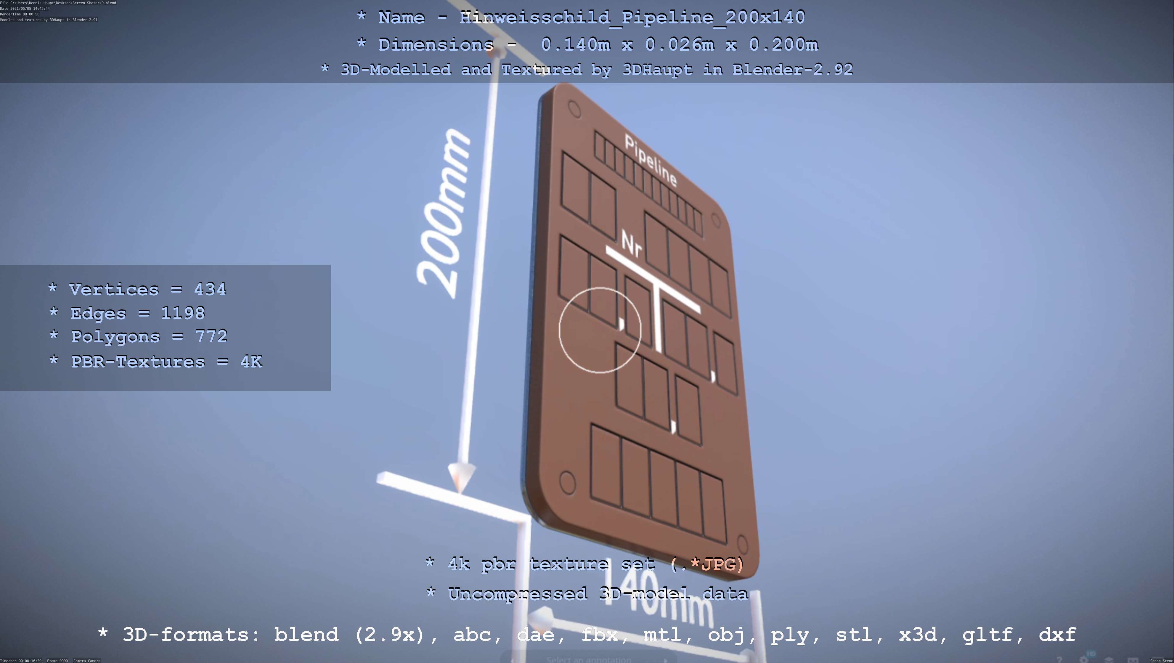 Hinweisschild Pipeline 200x140mm Low-poly 3D model_55