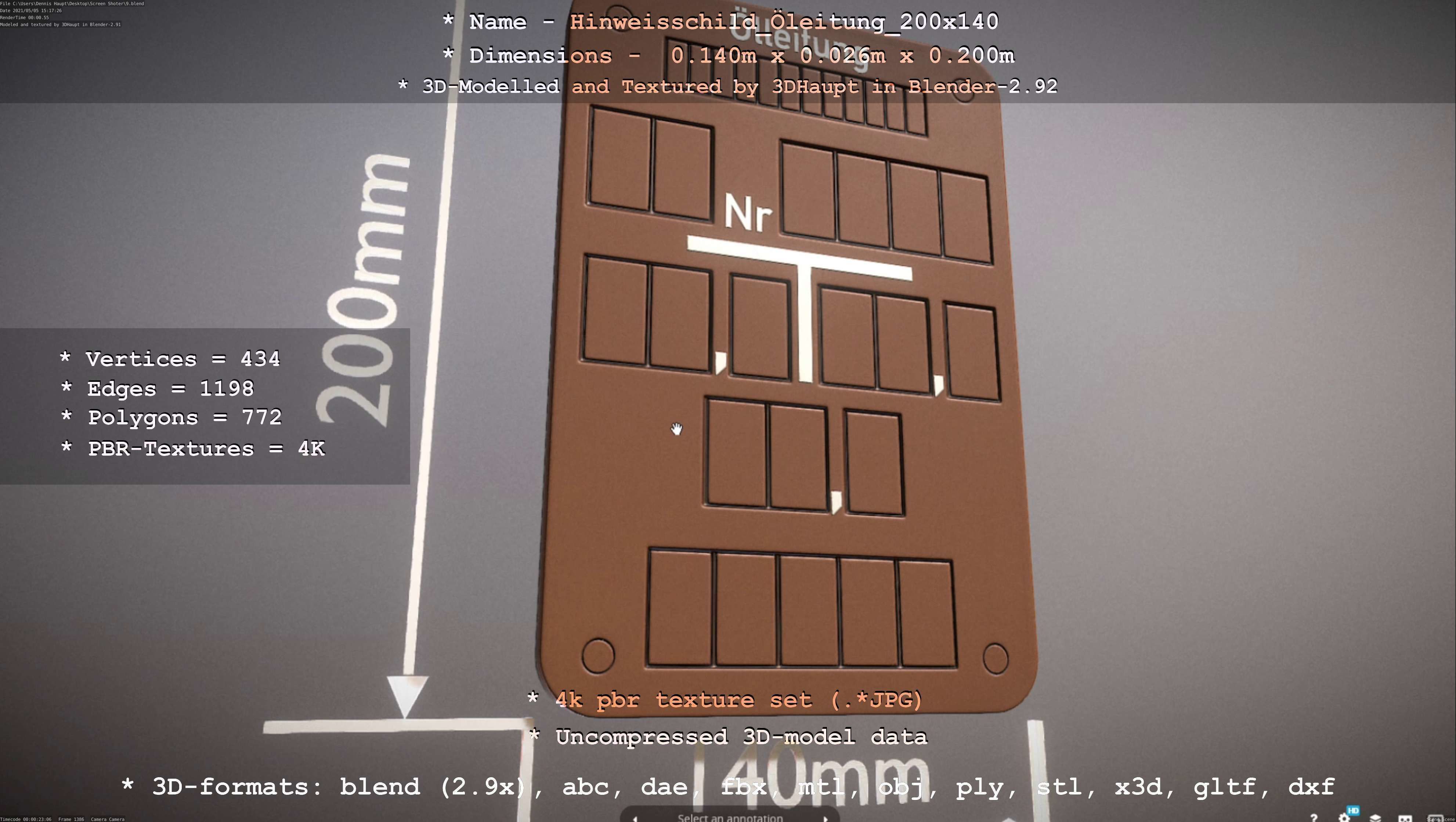 Hinweisschild Oelleitung 200x140mm Low-poly 3D model_10