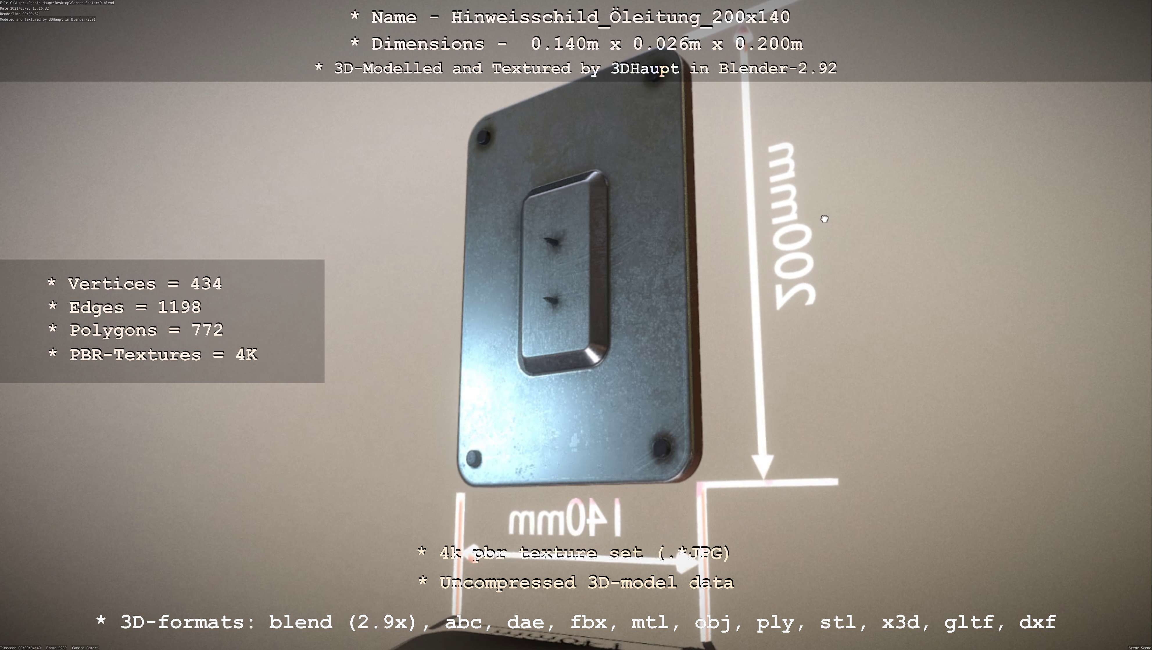 Hinweisschild Oelleitung 200x140mm Low-poly 3D model_26