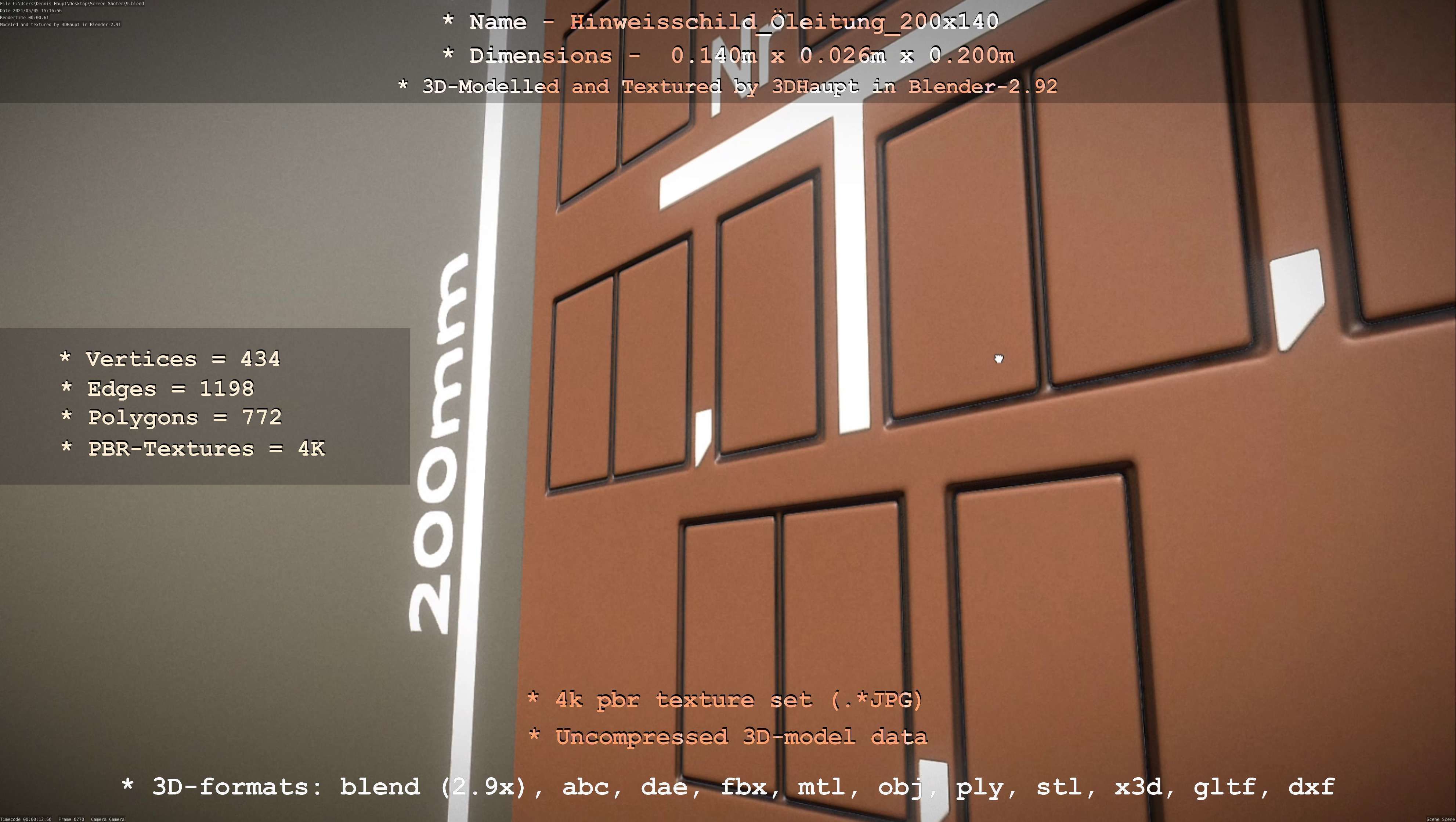 Hinweisschild Oelleitung 200x140mm Low-poly 3D model_6