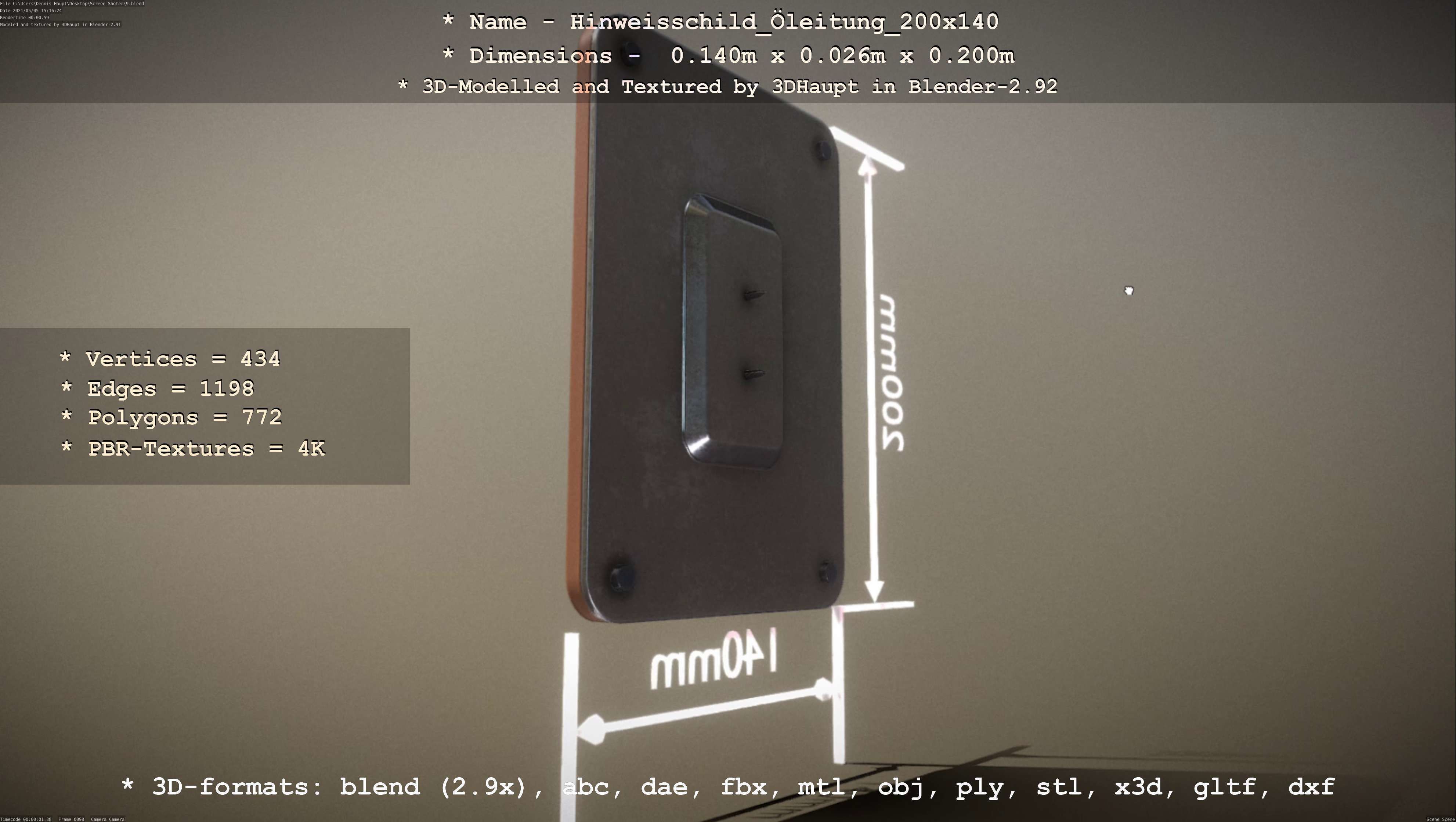 Hinweisschild Oelleitung 200x140mm Low-poly 3D model_13