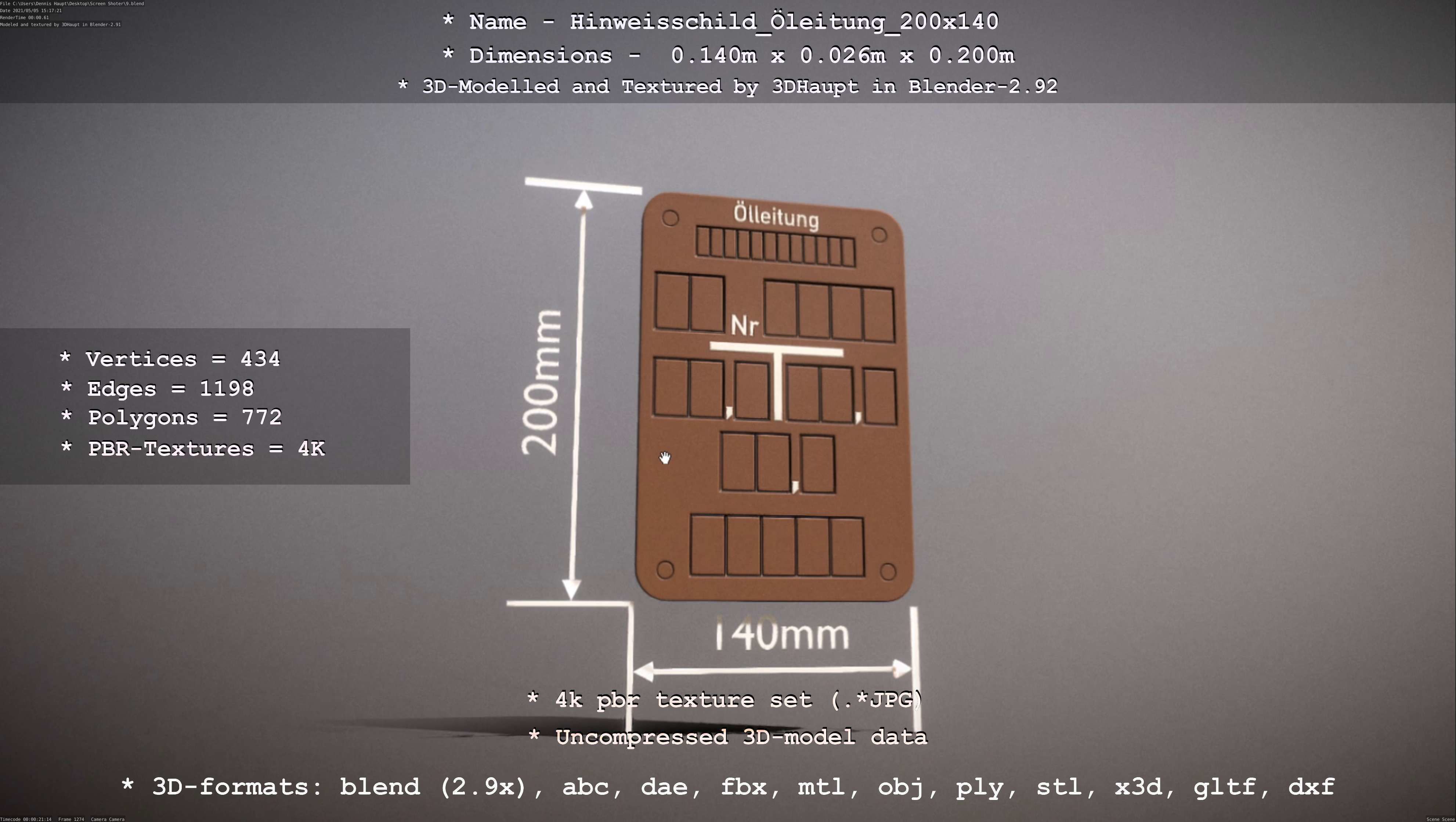 Hinweisschild Oelleitung 200x140mm Low-poly 3D model_58