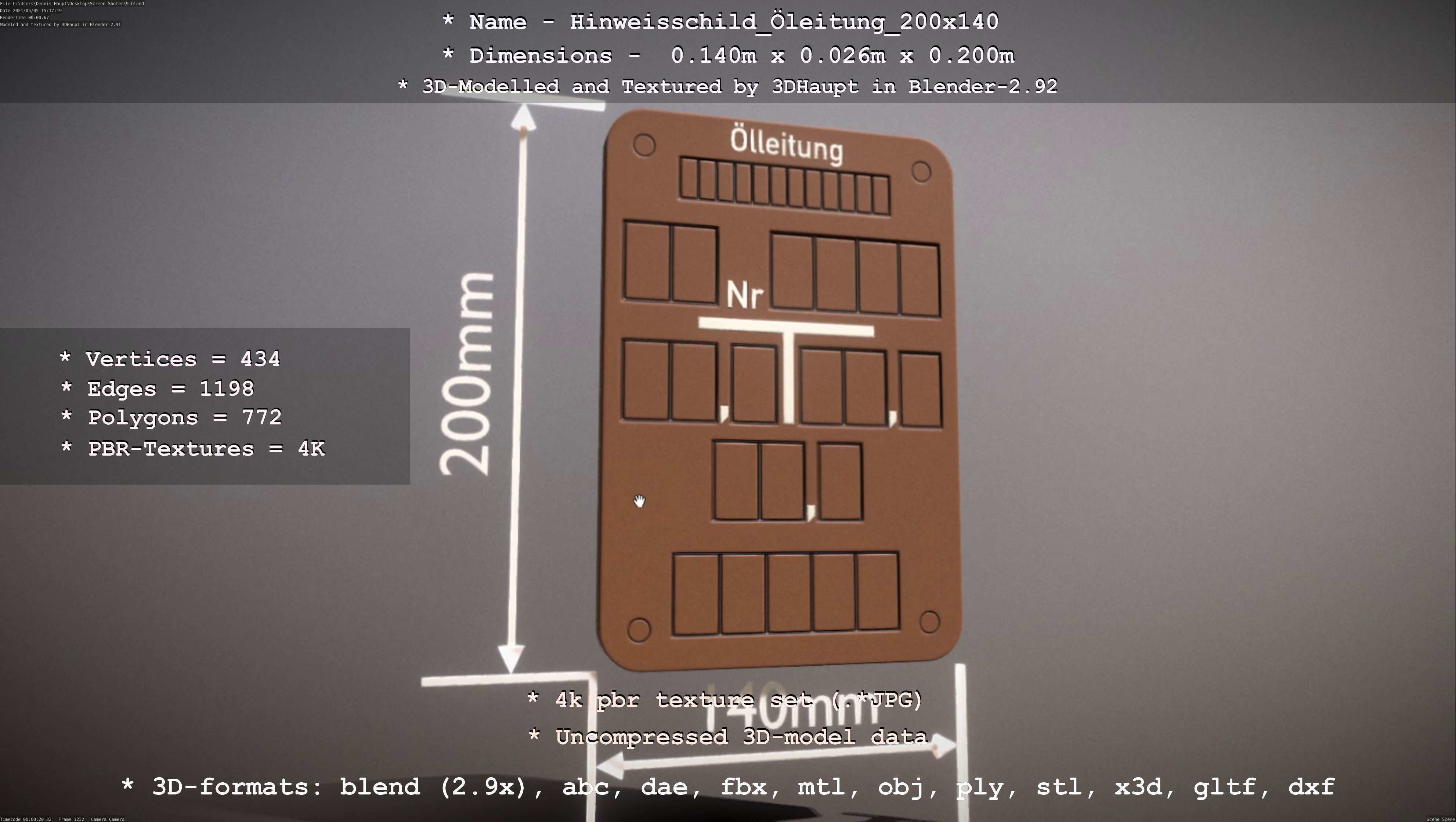 Hinweisschild Oelleitung 200x140mm Low-poly 3D model_55