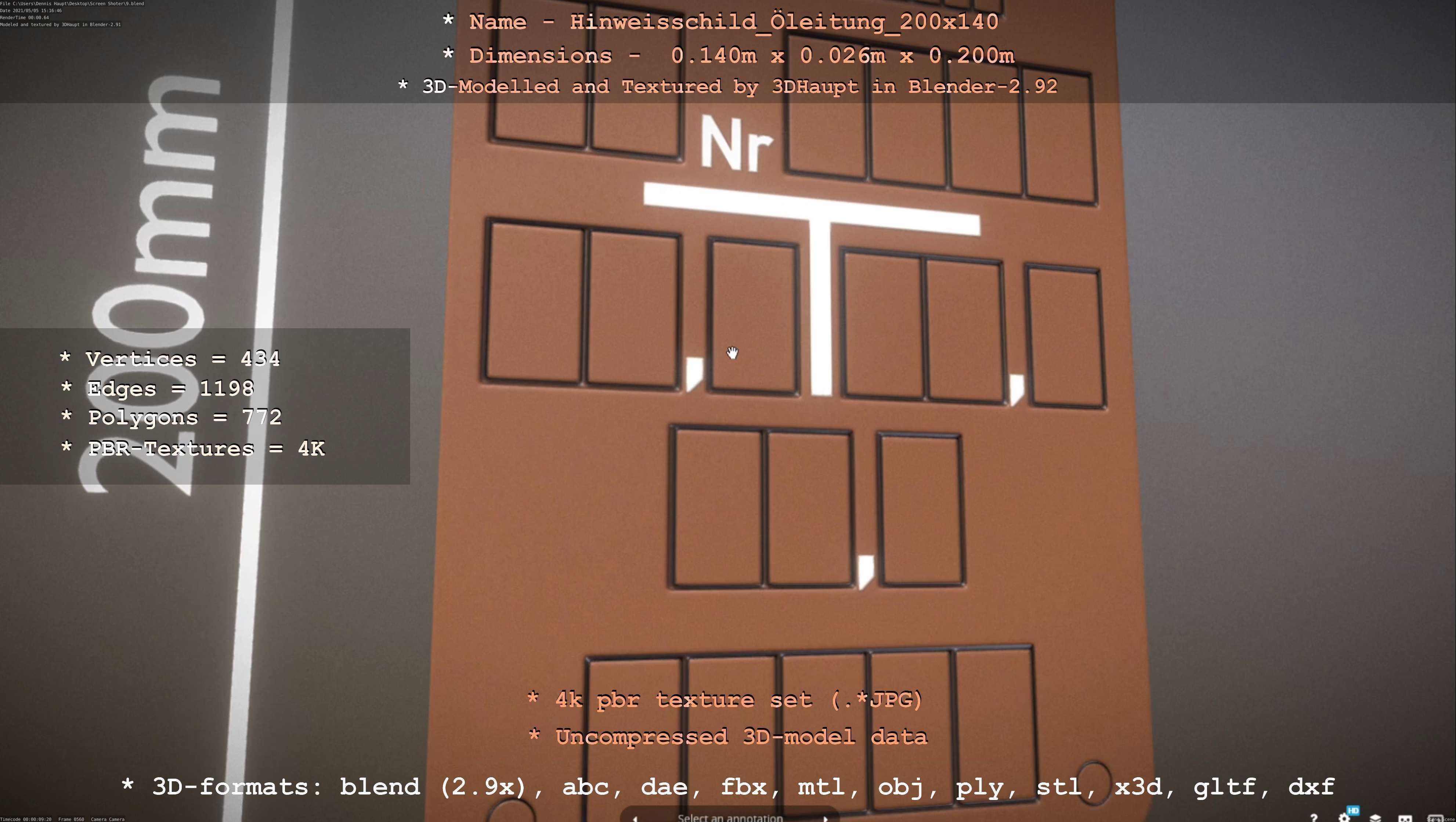 Hinweisschild Oelleitung 200x140mm Low-poly 3D model_3