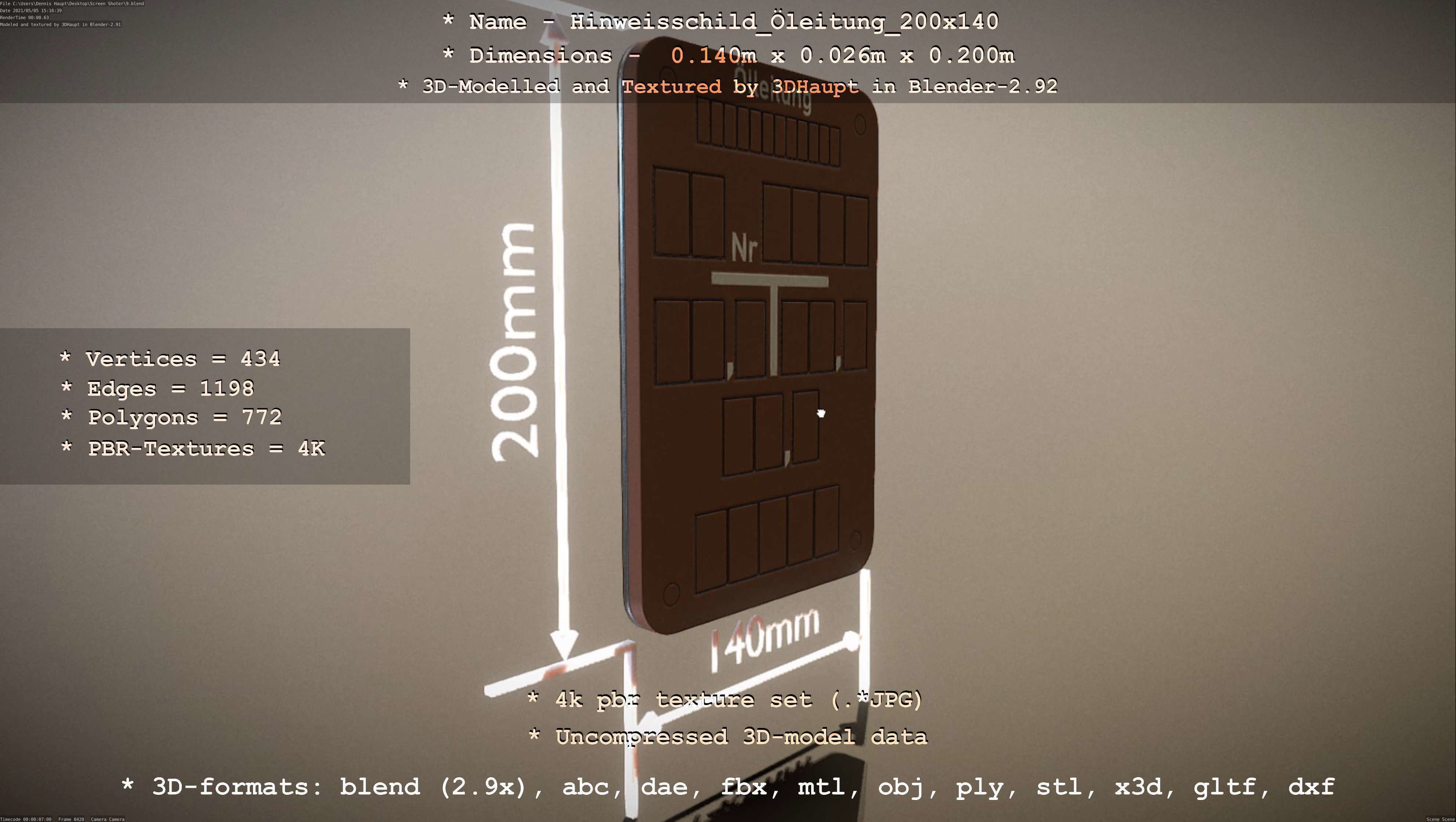 Hinweisschild Oelleitung 200x140mm Low-poly 3D model_84
