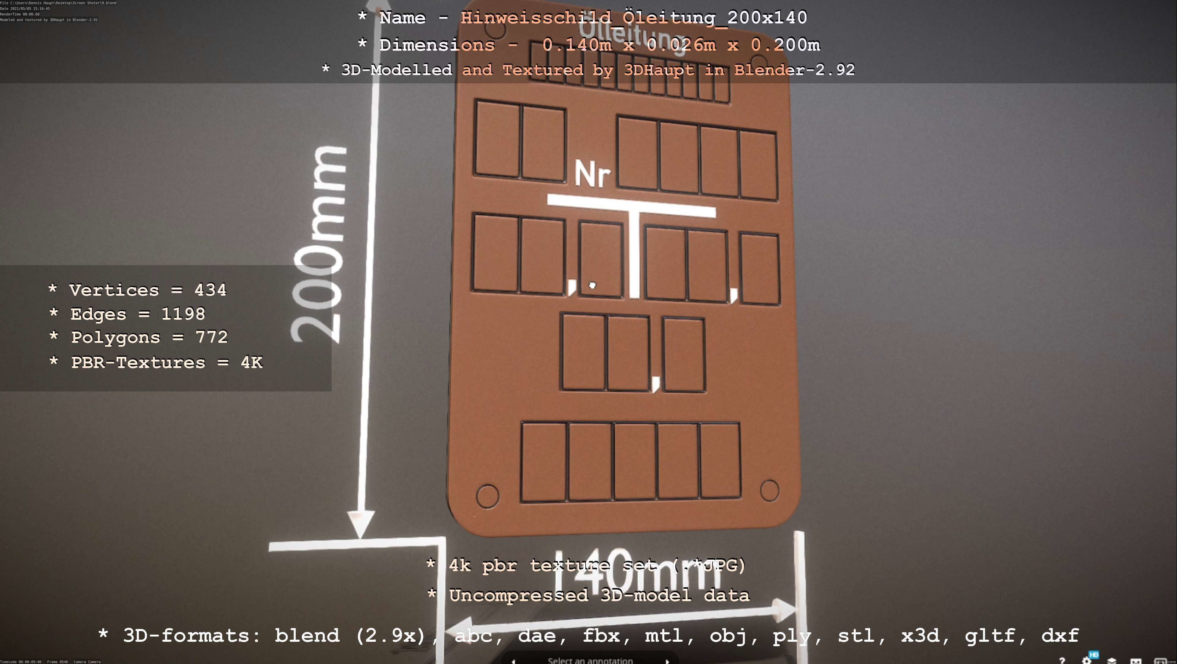 Hinweisschild Oelleitung 200x140mm Low-poly 3D model_93