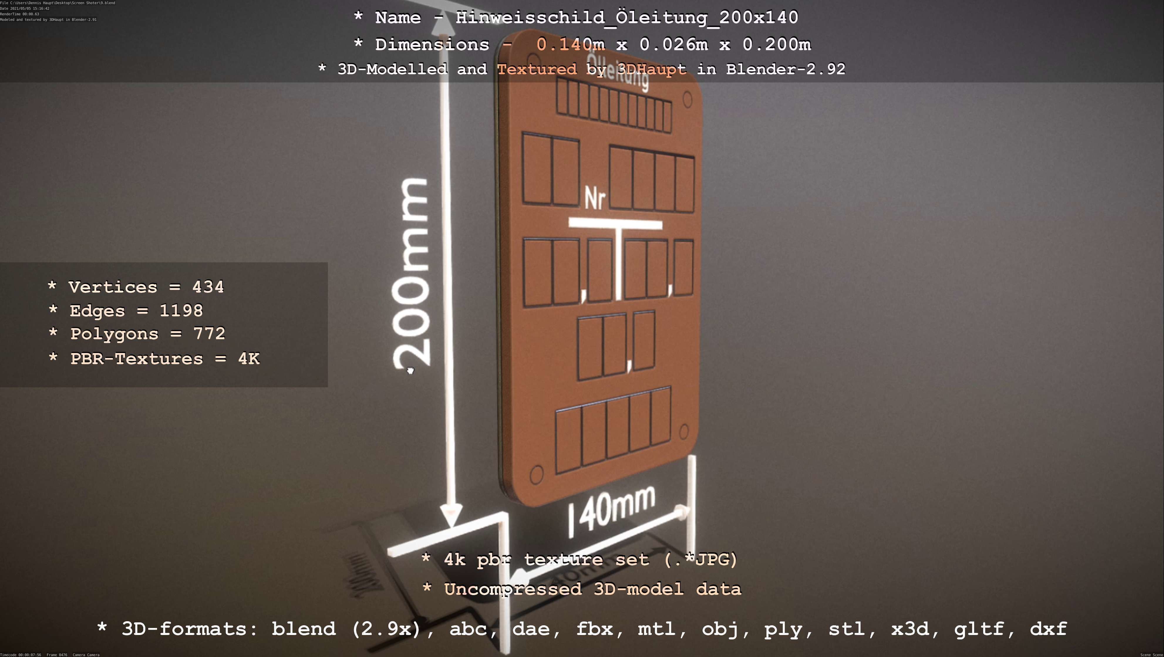 Hinweisschild Oelleitung 200x140mm Low-poly 3D model_89